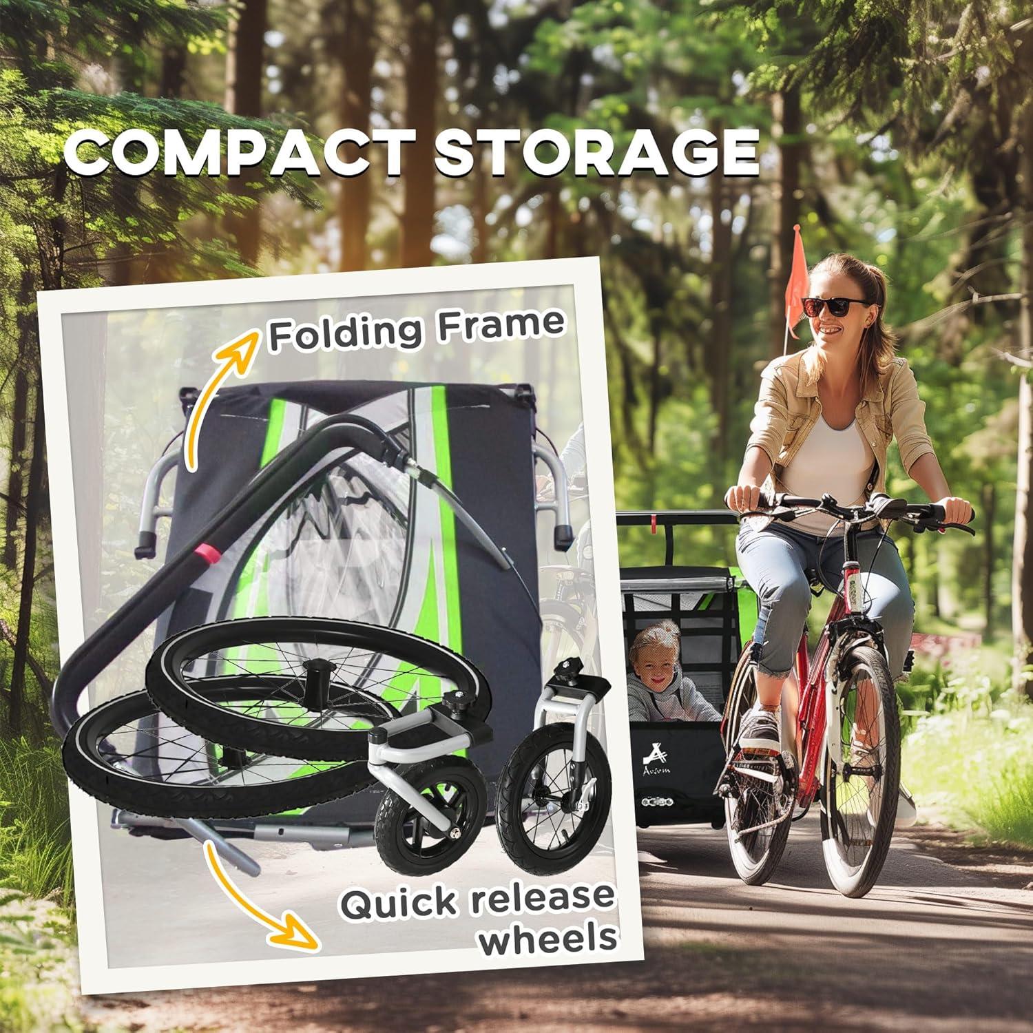 Aosom 2-in-1 Walk/Ride Child Baby Bike Trailer for Kids 2 Seater, High-Visibility Bike Stroller for Toddler Wagon, Weather-Strong Double Bicycle Trailer Accessory for Kids