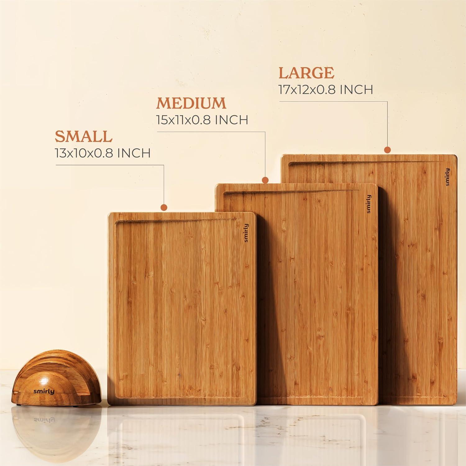 SMIRLY Cutting Board Set Small, Medium & Large Bamboo Cutting Boards with Holder, Brown