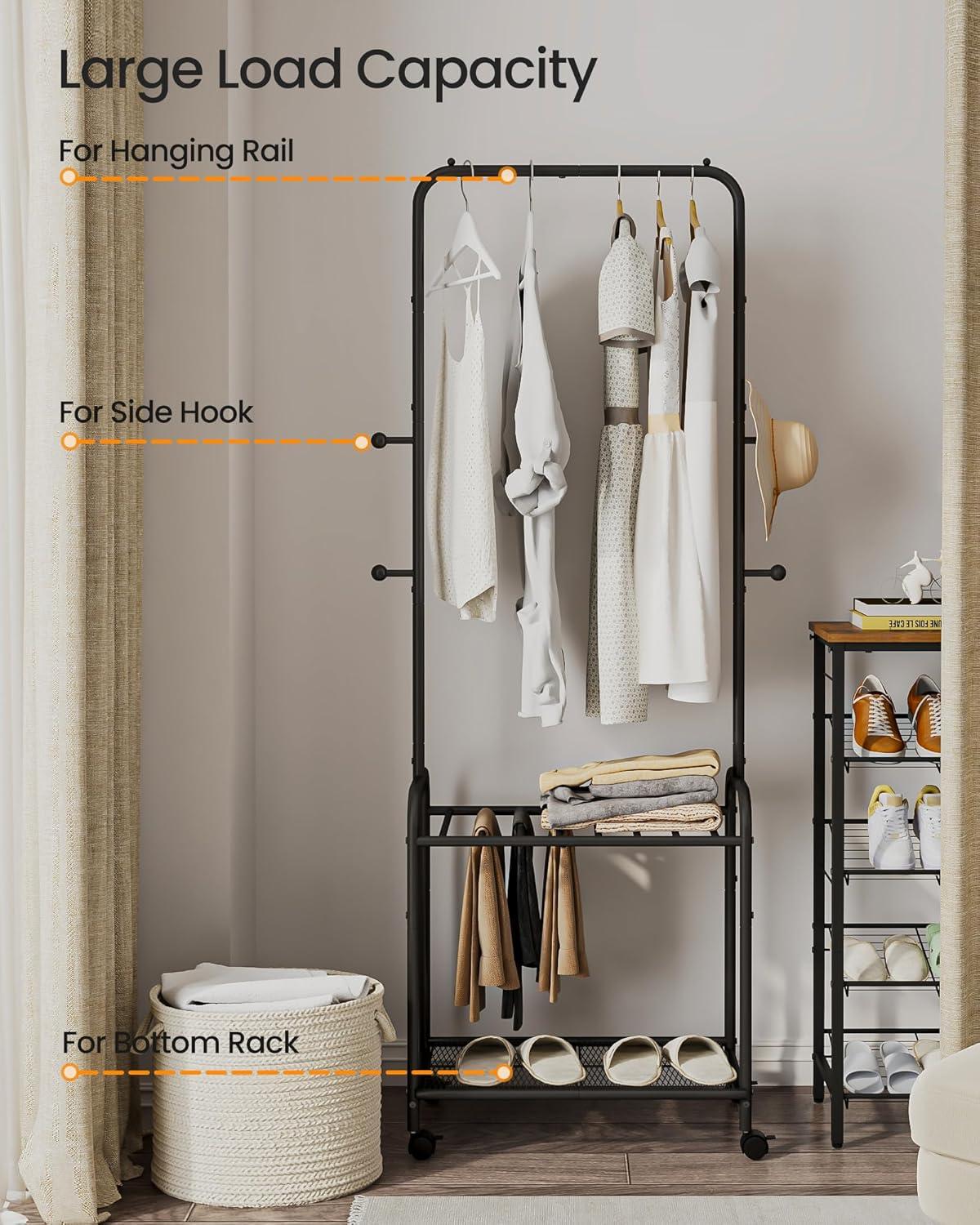 Black Metal Portable Garment Rack with Storage Shelves