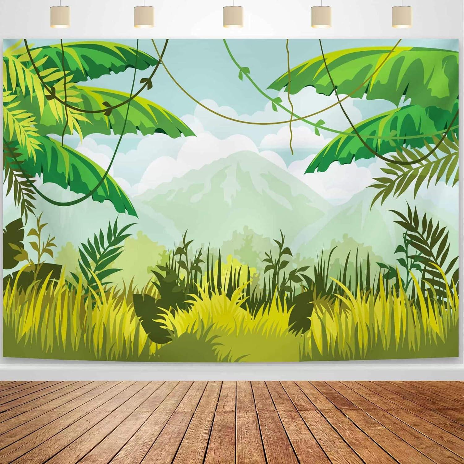 Safari Birthday Decorations 7x5ft Ployester Fabric Photography Backdrop Green Spring Forest Jungle Party Background Banner Supplies Baby Shower Decorations
