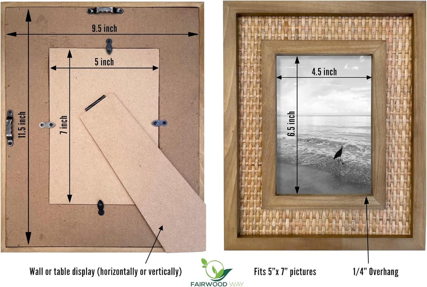 Rattan and Wood Picture Frame for 5x7 Inch Photos | Coastal or Boho Picture Frame | Tabletop Stand and Wall Mount | Single Display or Gallery Wall