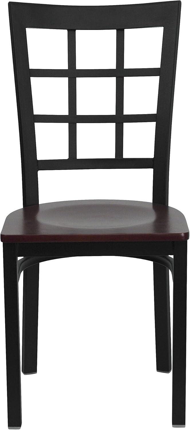 Elegant Window Back Steel Side Chair with Mahogany Wood Seat