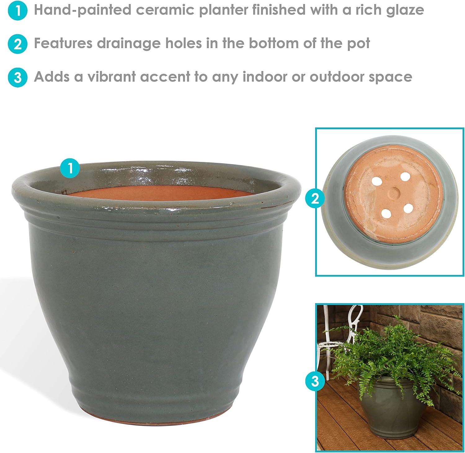 Sunnydaze Studio 15" High-Fired Glazed Gray Ceramic Planter