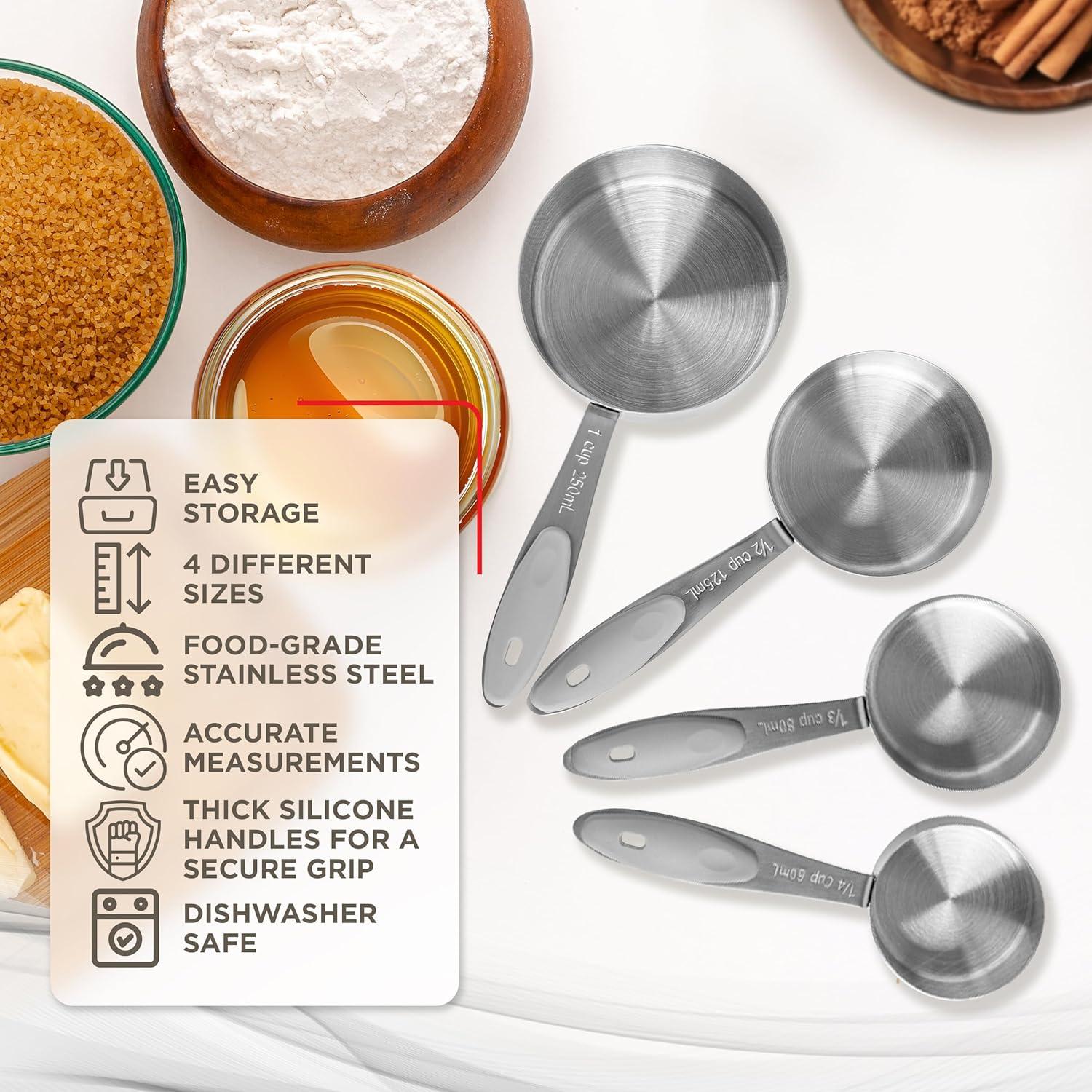 Huarll Holiday Clearance Measuring Tools, 4 Piece Stainless Measuring Cup Set With Storage Ring Silver, 4-Piece Measuring Cup and Spoon Set Silver