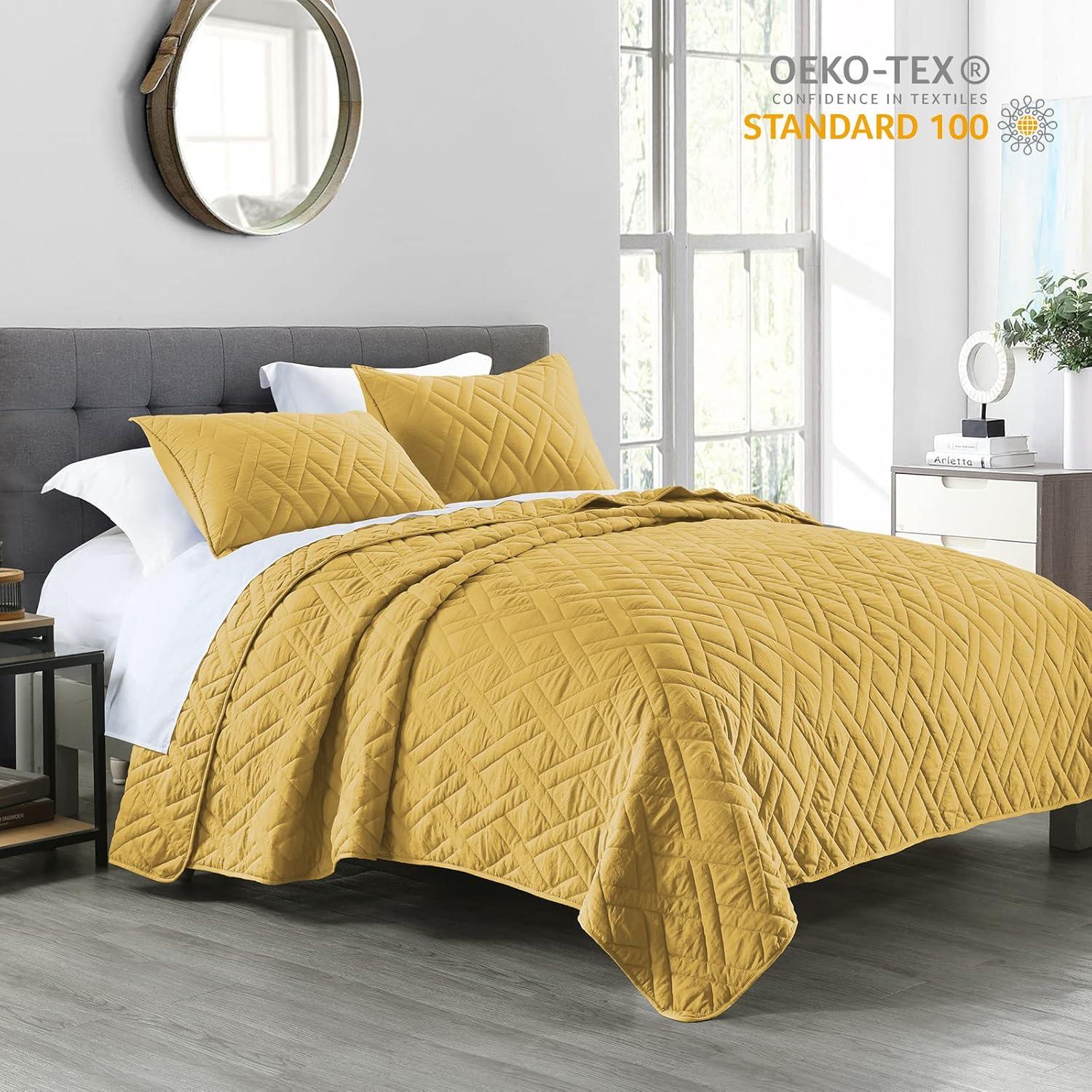 HORIMOTE HOME Quilt Set Queen Size Yellow, Classic Geometric Diamond Stitched Pattern, Ultra Soft Lightweight Bedding Set Bedspread Coverlet for All Season 3 Pieces (1 Quilt and 2 Pillow Shams)