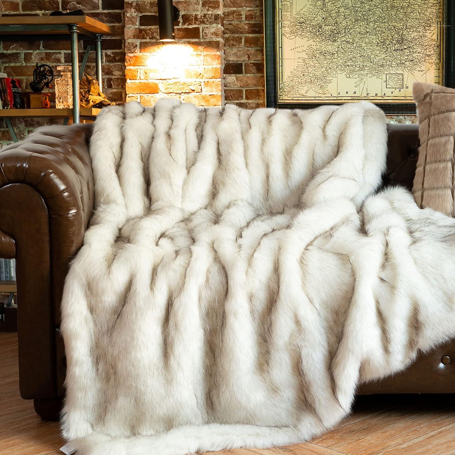 Battilo Luxury White Faux Fur Blanket,Warm Decorative Throw Blankets, Fluffy Fur Throw Blanket ,Christmas Decor,51"x67"