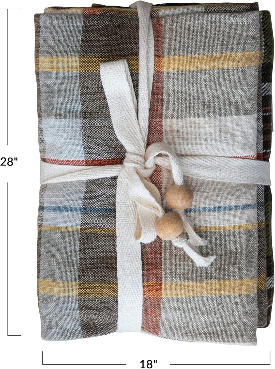 Creative Co-Op 28" L x 18" W Cotton Printed Tea Towels w/Tie w/Wood Beads, Multi Color Plaid, Set of 3