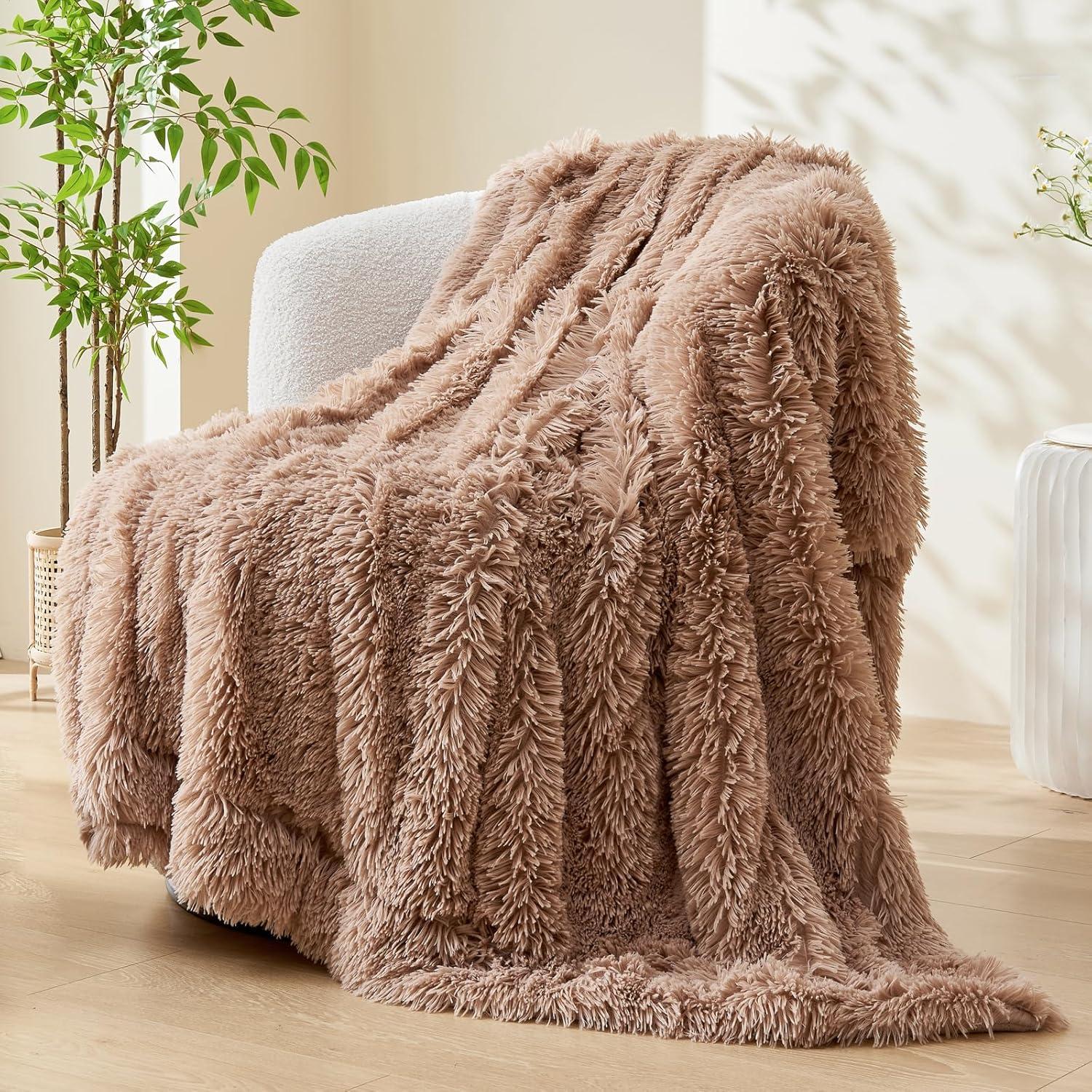 PAVILIA Soft Fluffy Faux Fur Throw Blanket, Taupe Tan Camel, Shaggy Furry Warm Sherpa Blanket Fleece Throw for Bed, Sofa, Couch, Decorative Fuzzy Plush Comfy Thick Throw Blanket, 50x60 Inches