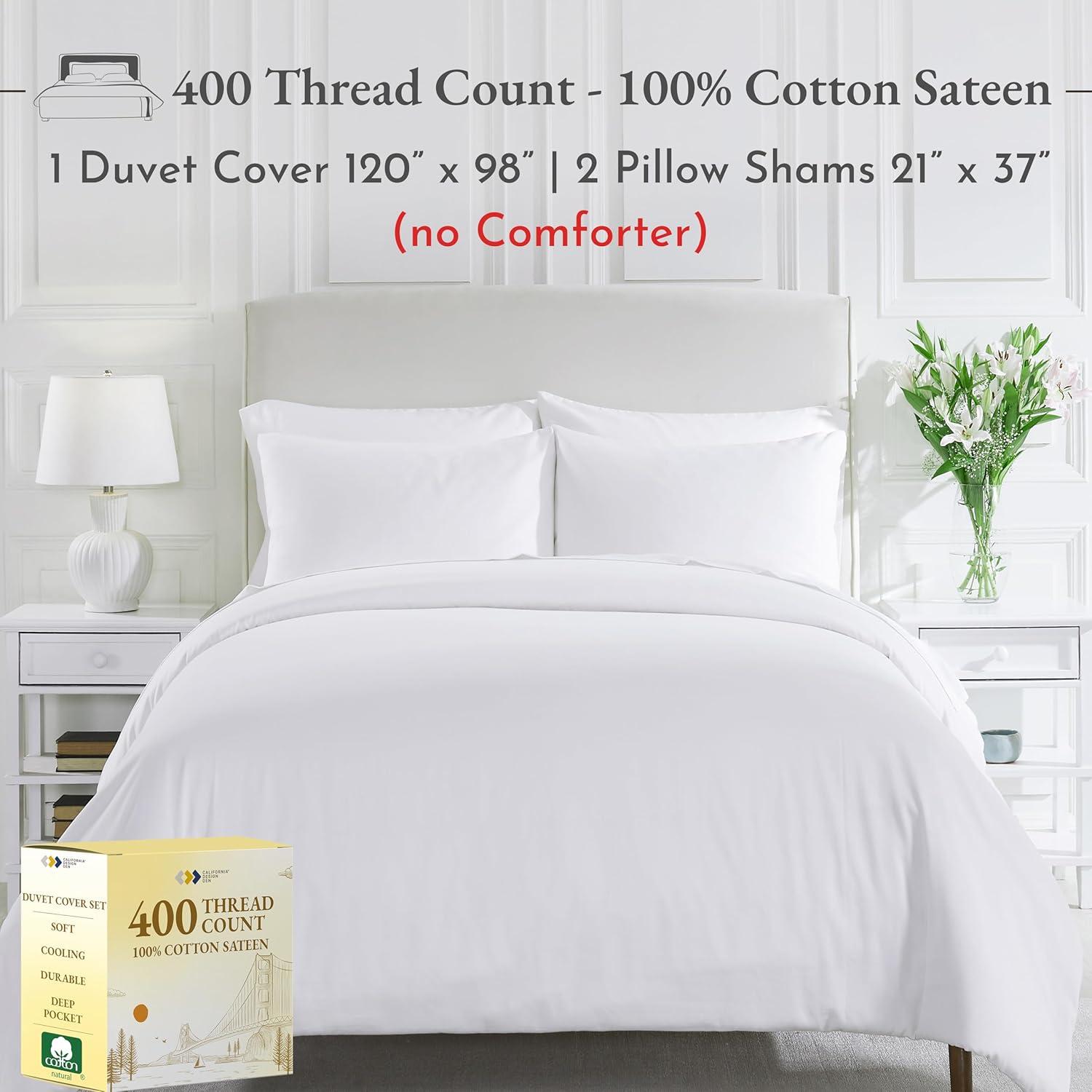 100% Cotton Duvet Cover Set - Premium 400 Thread Count, , Smooth Sateen Weave, Button Closure and Corner Ties (3 Piece, Pure White, Oversized King)