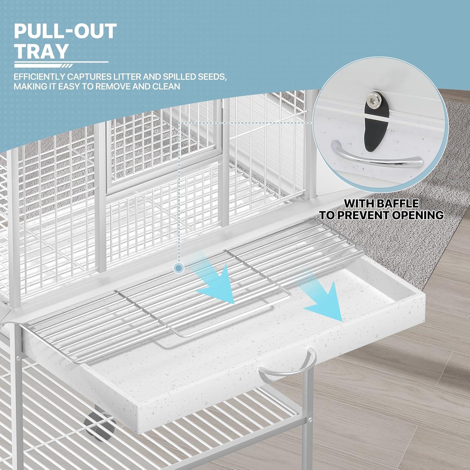 MoNiBloom 61" Large Rolling Bird Cage with 2 Perches and 4 Doors, heavy-duty wrought iron Bird Cage for Cockatiel, Sun Conure, Parakeet, Finch, Budgie, Lovebird and Canary Birds, White