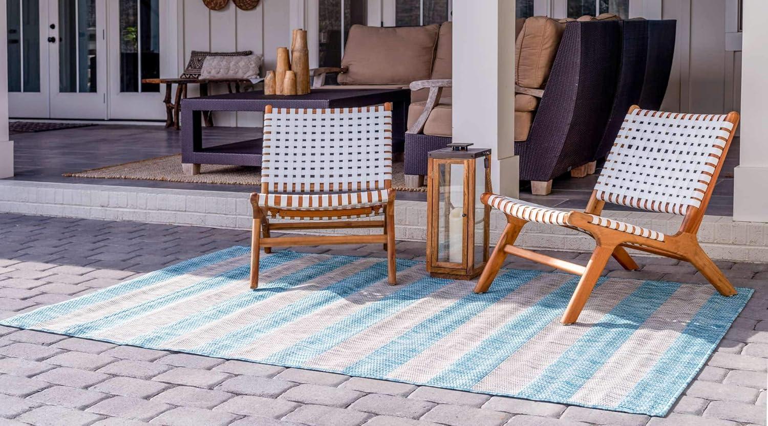 Unique Loom 9' 0 x 12' 0 Rectangle Indoor/Outdoor Striped Light Aqua Area Rug