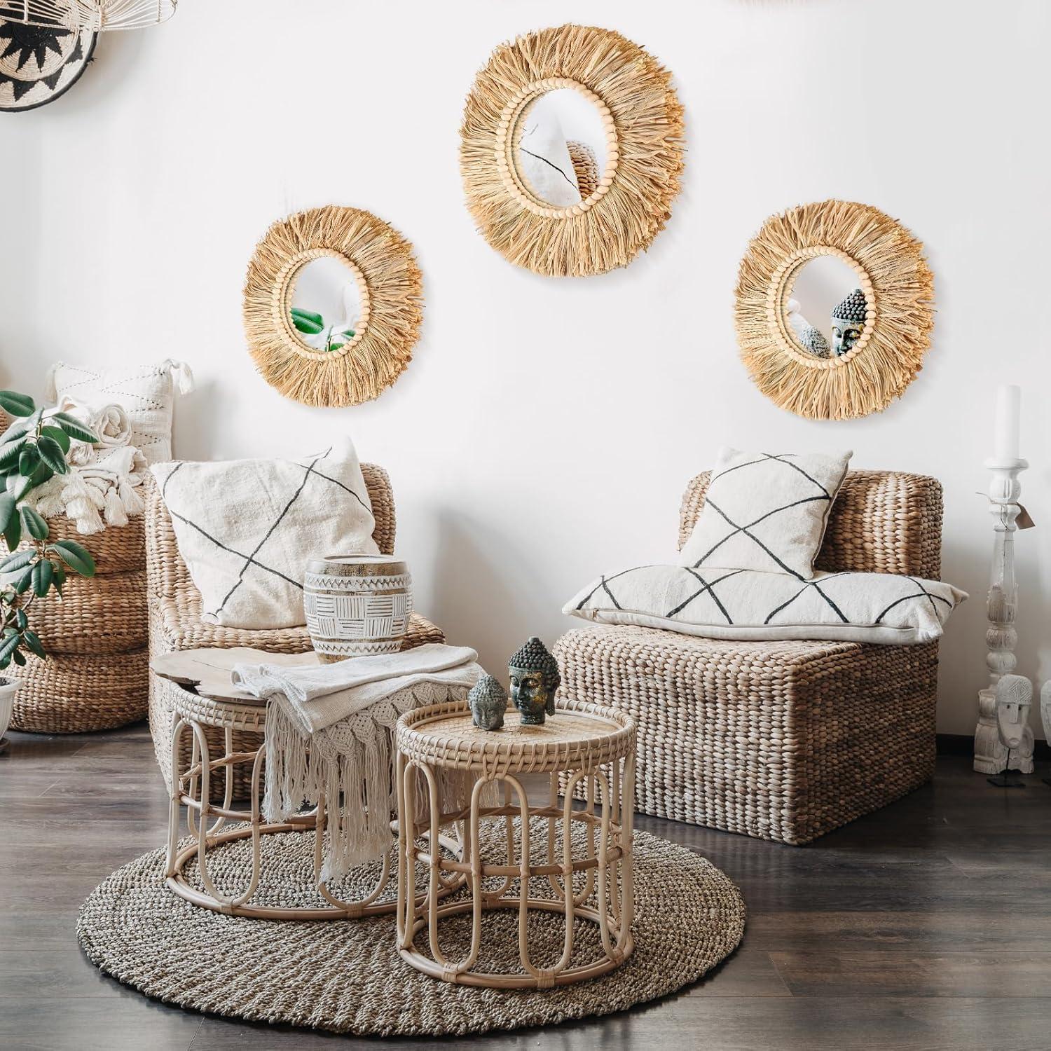 Natural Raffia and Bead Round Wall Mirrors Set