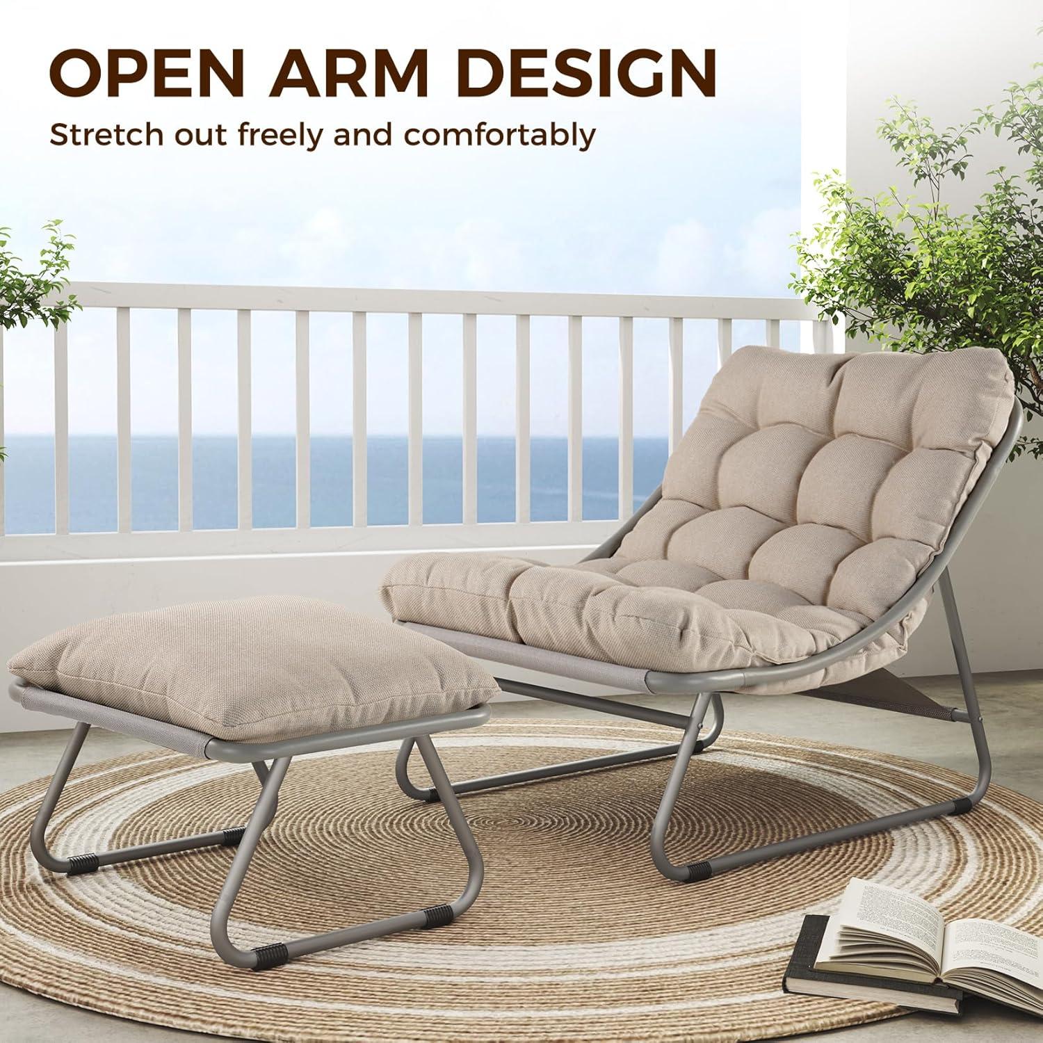 Grand Patio Outdoor Lounge Chair with Ottoman, Comfy Sling Recliner Chair with Puffy Cushion, Samba Modern Steel Patio Furniture Set for Porch Deck Garden Living Room, Champagne Gray