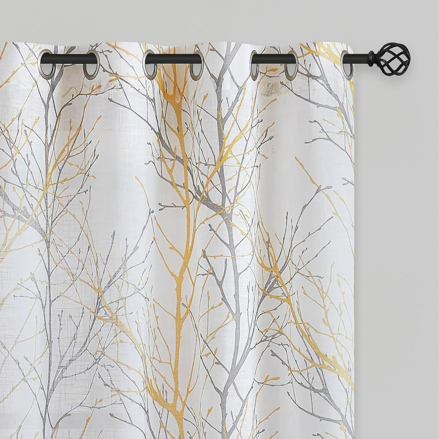 FMFUNCTEX Linen Semi Sheer Curtains for Bedroom, Yellow White Curtains 63 Inches Long for Living Room, Grey Tree Branch Print Curtain Light Filtering Farmhouse Window Drapes, Grommet Top 2 Panels