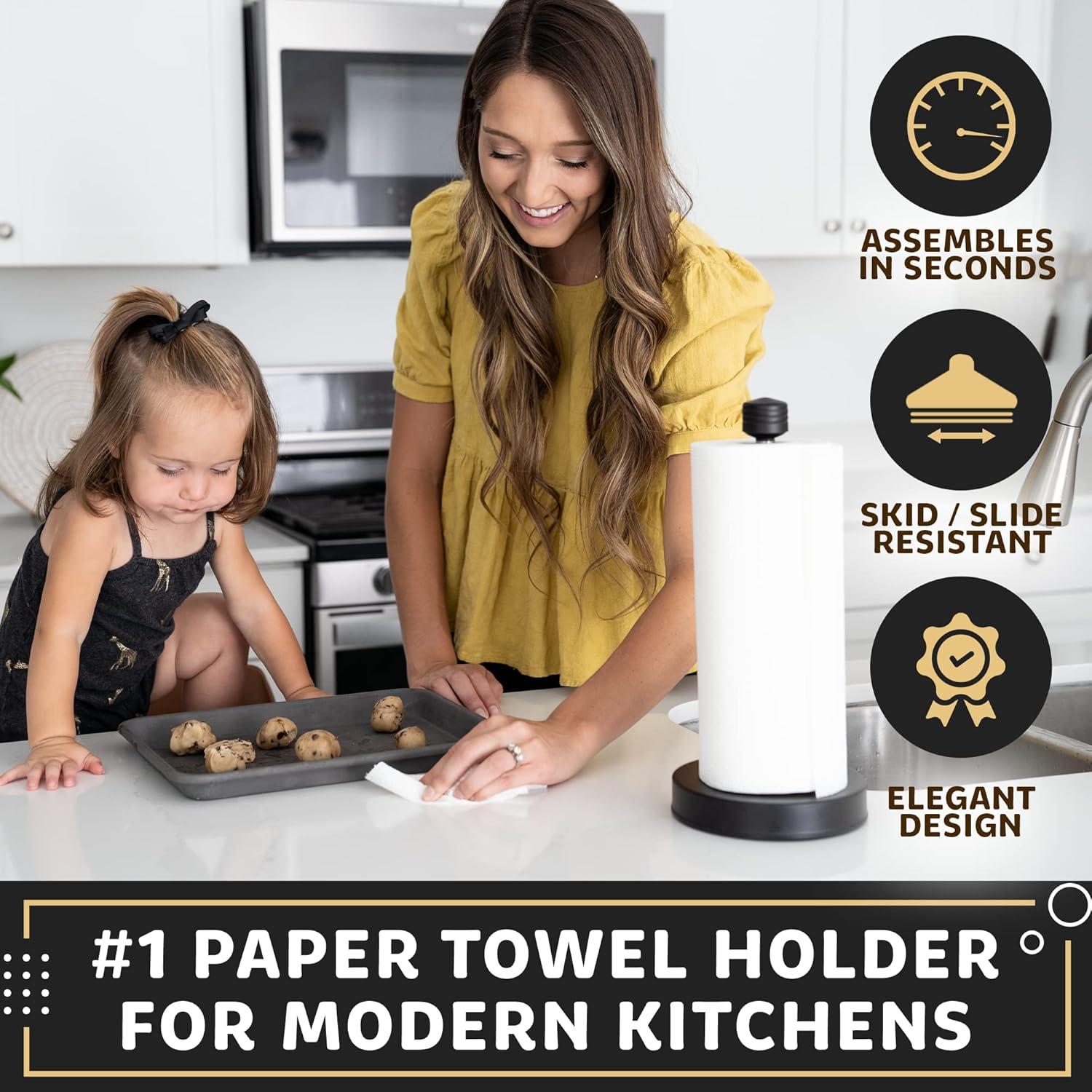 Stainless Steel Black Paper Towel Holder Designed for Easy One-Handed Operation - This Sturdy Weighted Paper Towel Dispenser Countertop Model Has Suction Cups and Holds Paper Towel Rolls of All Sizes