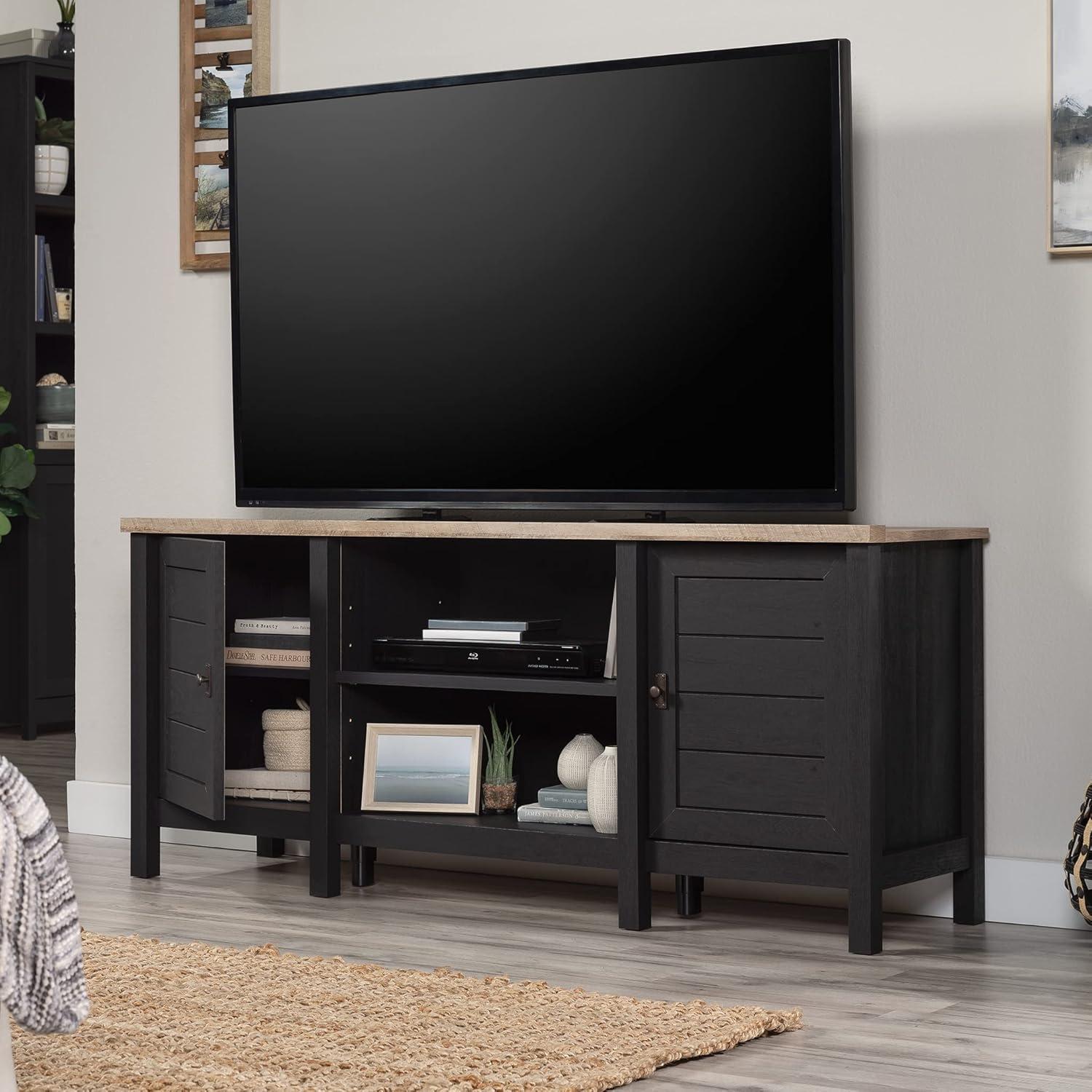 Sauder Cottage Road TV Credenza with Doors for TV's up to 65", Raven Oak Finish