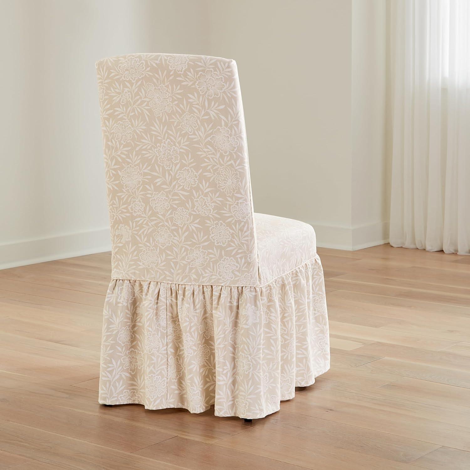 Neutral Floral Cotton Twill Ruffled Dining Chair Slipcover