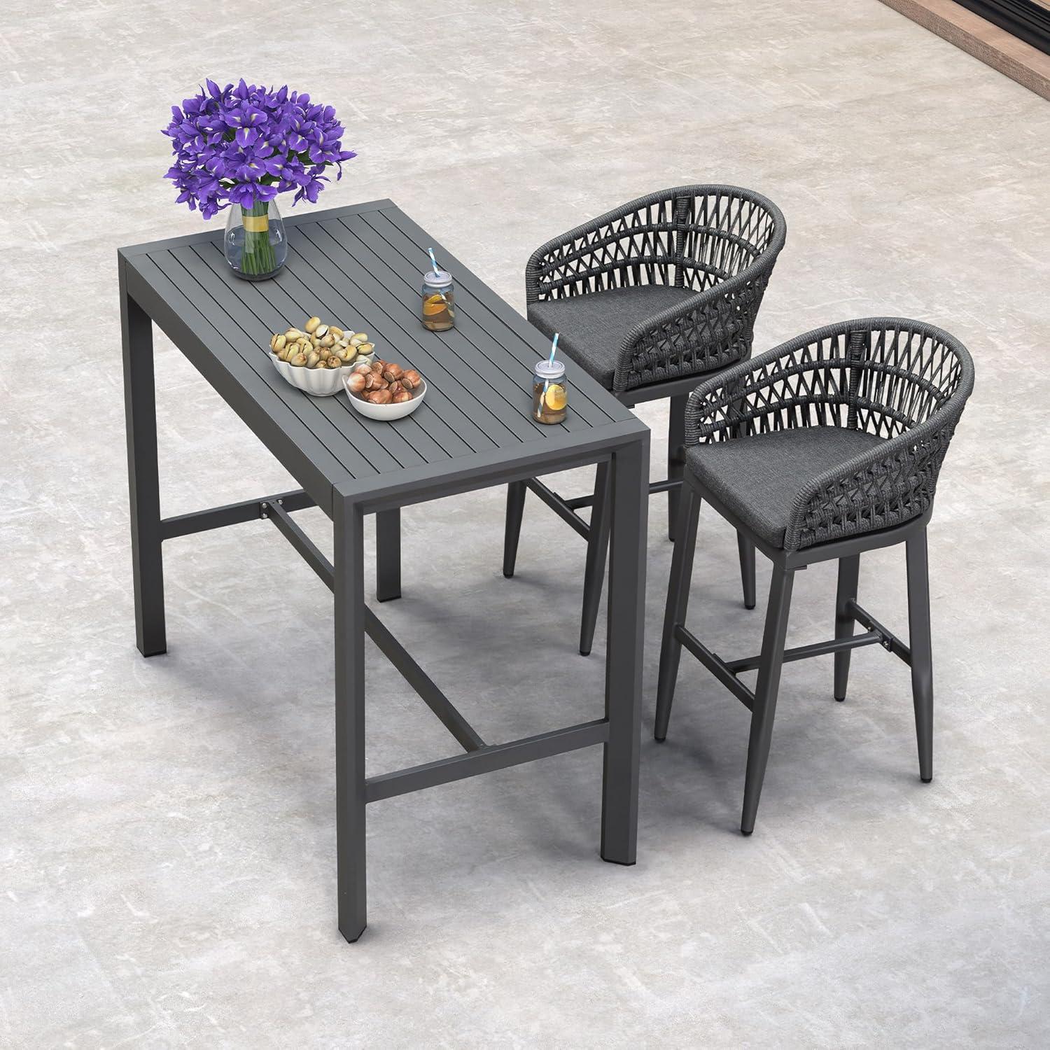 PURPLE LEAF Outdoor Rattan 29" Bar Stools Set of 2, Modern Boho Aluminum Patio Bar Height Chair with Cushion and Back for Outdoor and Indoor, Grey