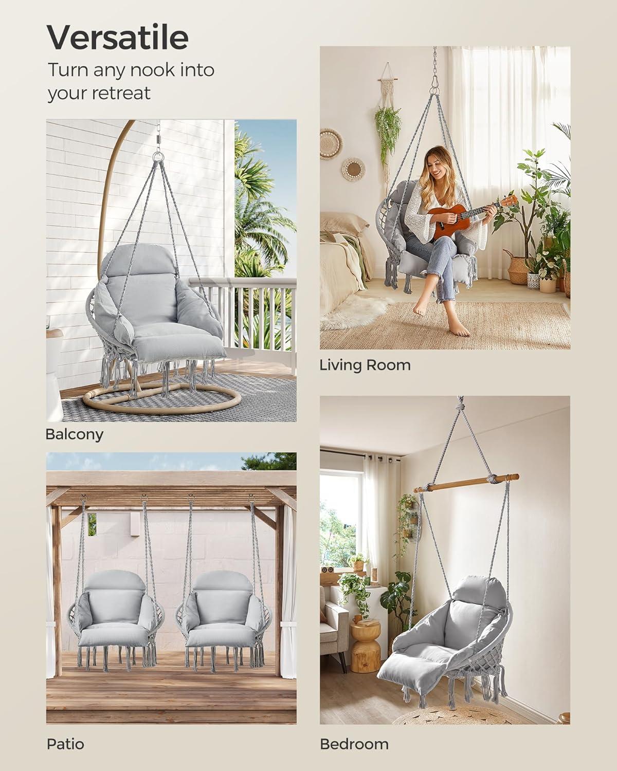 SONGMICS Hanging Chair, Hammock Chair with Large, Thick Cushion, Boho Swing Chair for Bedroom, Patio, Balcony, Garden, Holds up to 264 lb, Accessories Included, Dove Gray UGDC042G11