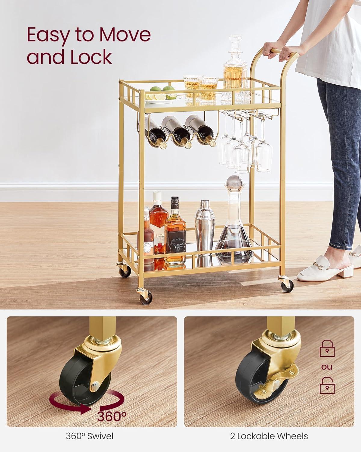 VASAGLE Bar Cart Gold, Home Bar Serving Cart, Wine Cart with 2 Mirrored Shelves, Wine Holders, Glass Holders, for Kitchen, Dining Room, Gold ULRC092A62