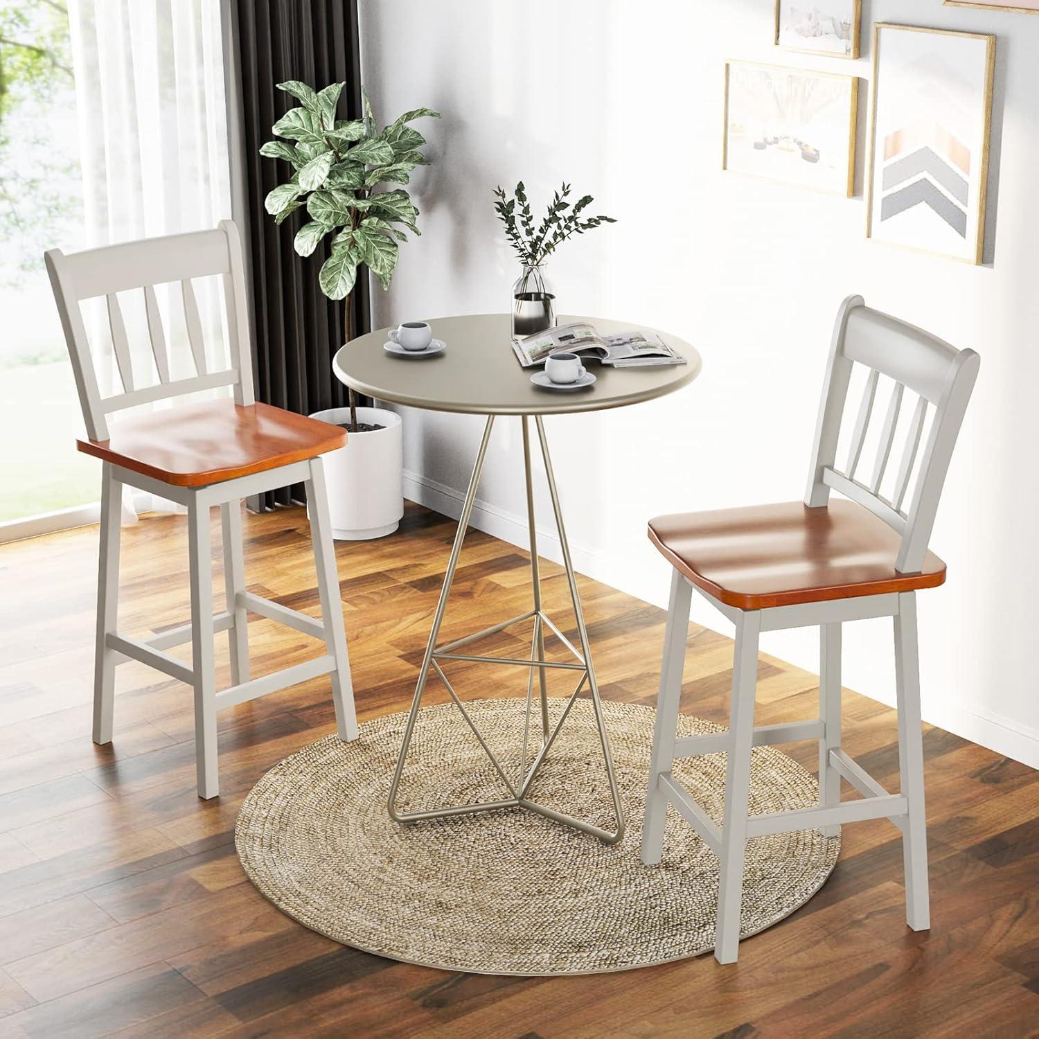 Costway 2PCS Bar Stool 24.5'' Swivel Counter Height Chair w/ Footrest Cream