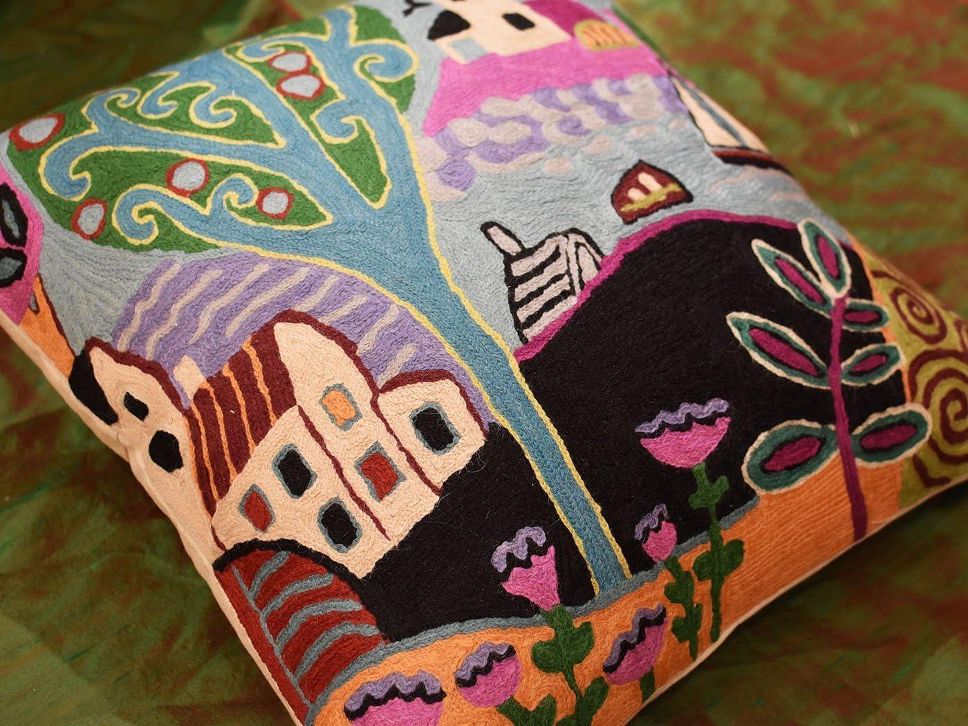 Hand Embroidered Multicolor Wool and Cotton Square Pillow