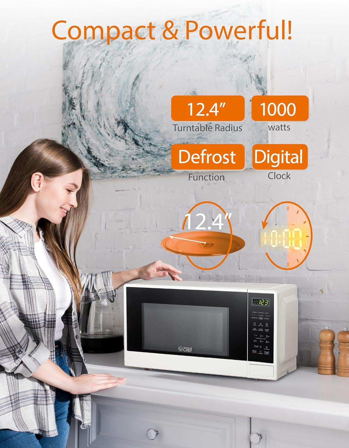 COMMERCIAL CHEF 1.1 Cu Ft Microwave with 10 Power Levels, Small Microwave with Push Button