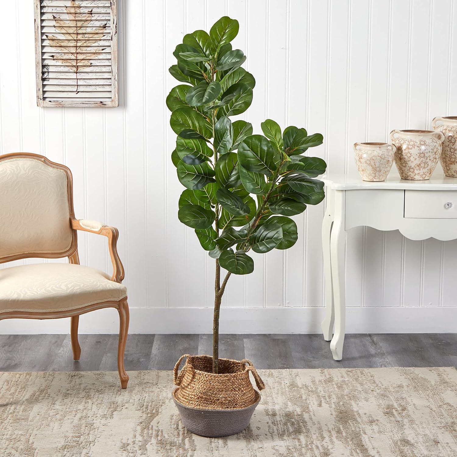 Nearly Natural 4.5-ft Fiddle Leaf Fig Artificial Tree with Boho Chic Handmade Cotton and Jute White Woven Planter