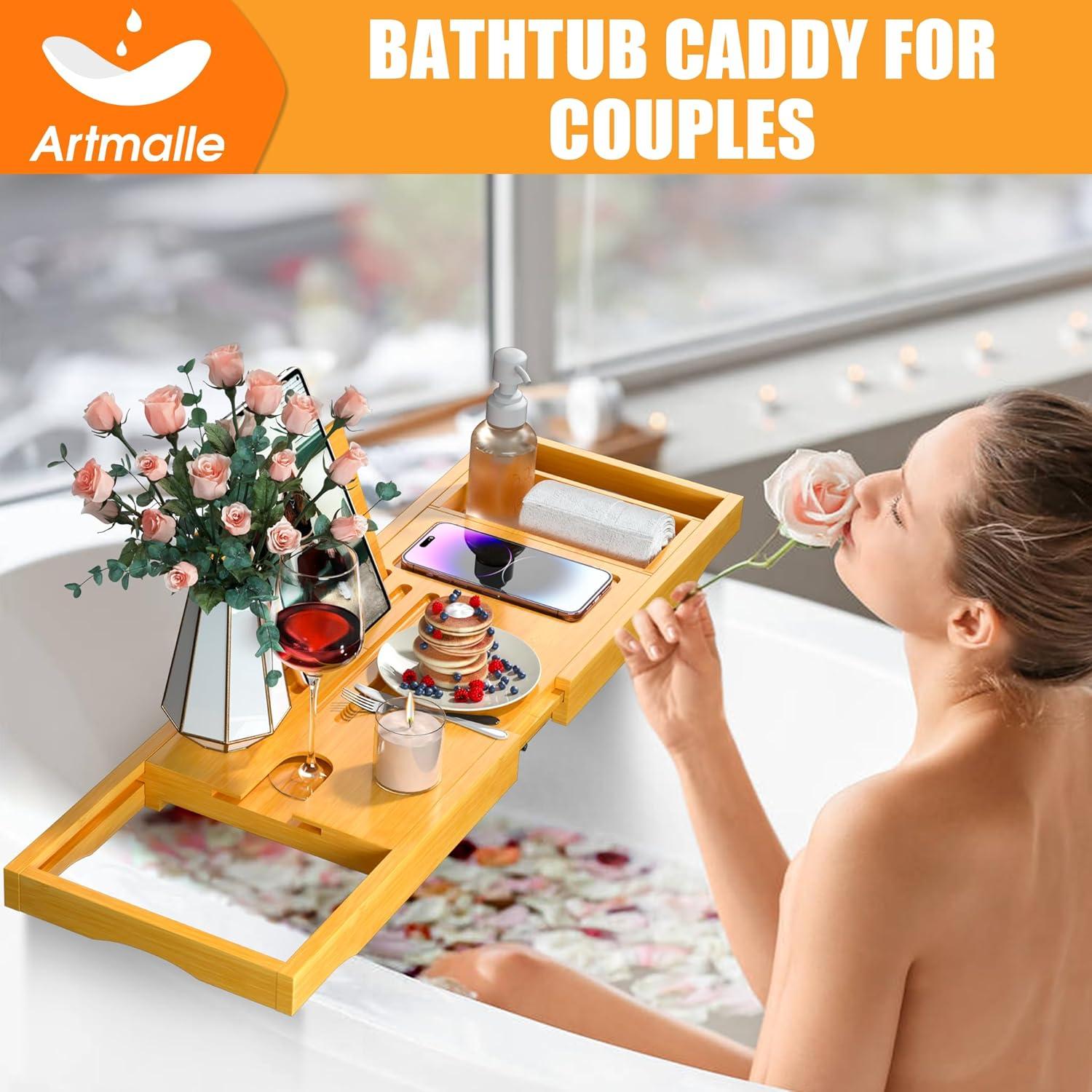 Artmalle Foldable Bathtub Tray for Tub, Bamboo Bathtub Caddy Tray Table with Book Stand for Luxury Bath, Bathroom Accessories for Women Men with Free Soap Dish (Semi-Simple, Natural) (Natural)