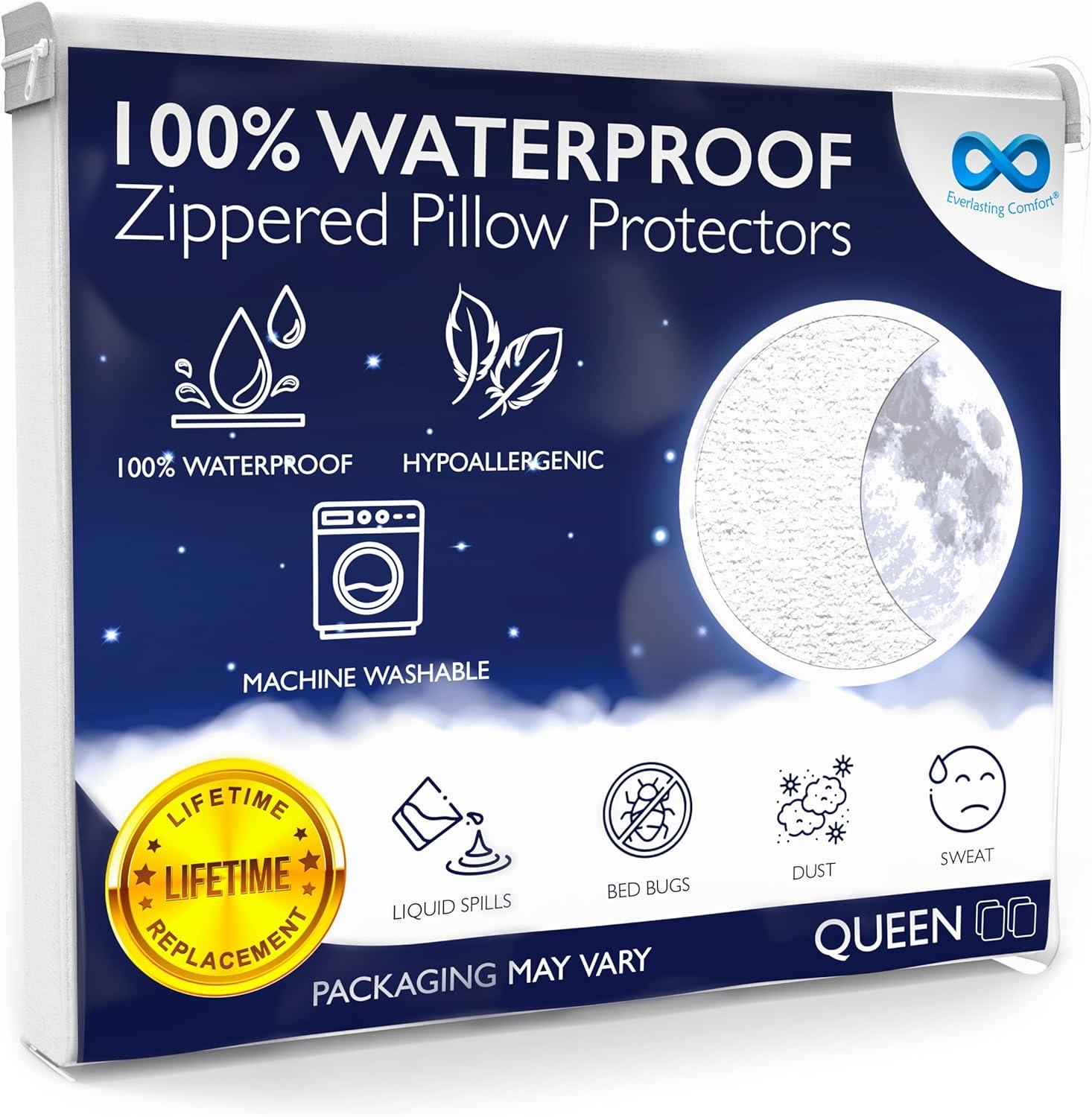 Everlasting Comfort Waterproof Pillow Protector Zippered Hypoallergenic Pillow Cover, Queen 4-Pack
