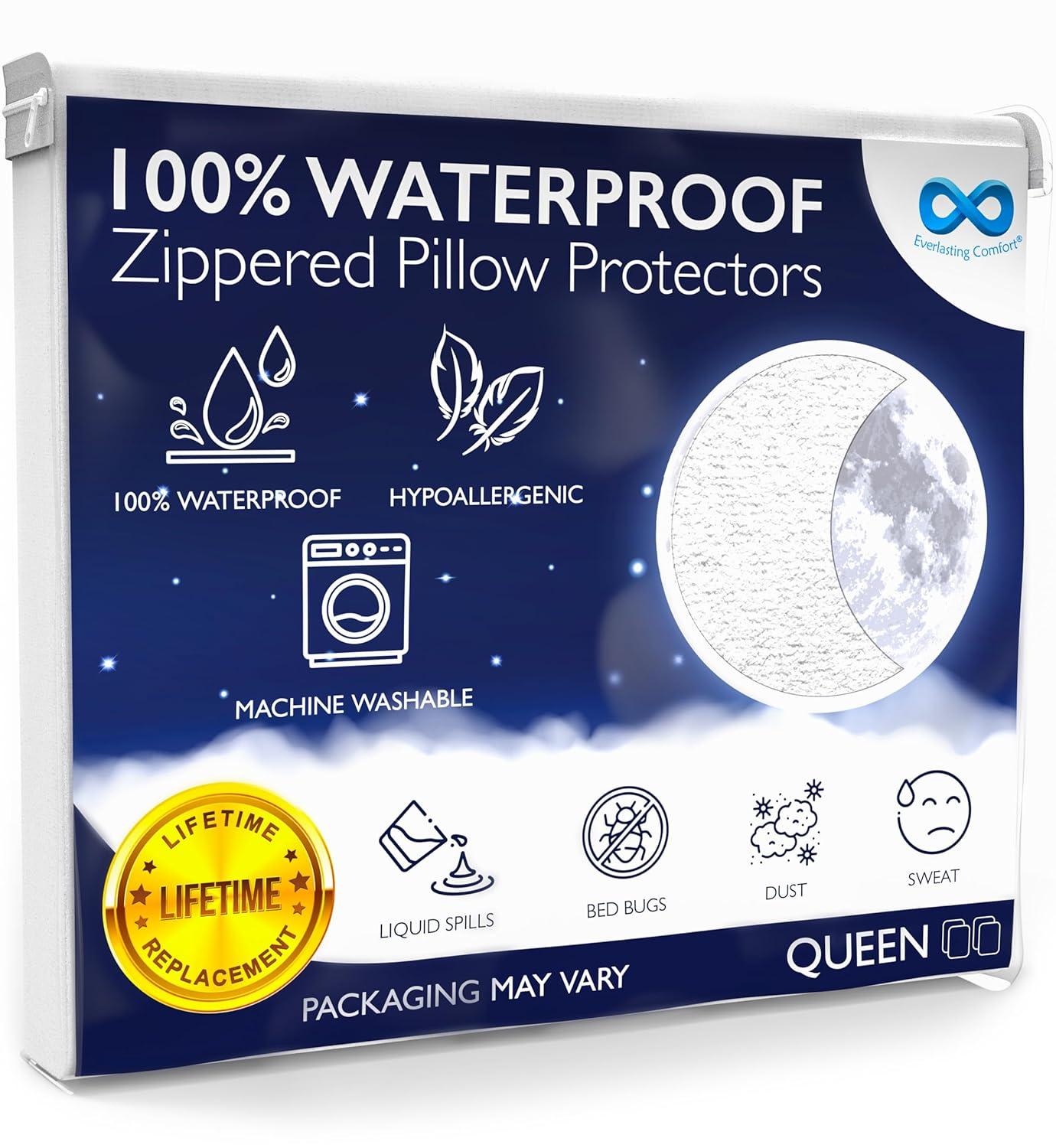 Everlasting Comfort Waterproof Pillow Protector Zippered Hypoallergenic Pillow Cover, Queen 4-Pack