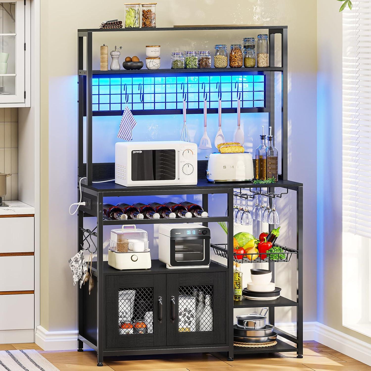 Kitchen Bakers Rack with Storage Shelves, Microwave Stand with Power Outlet and LED Light, Coffee Bar Cabinet Wire Basket Metal Grid Wine Rack Goblet Holder Hooks (Black, Small)