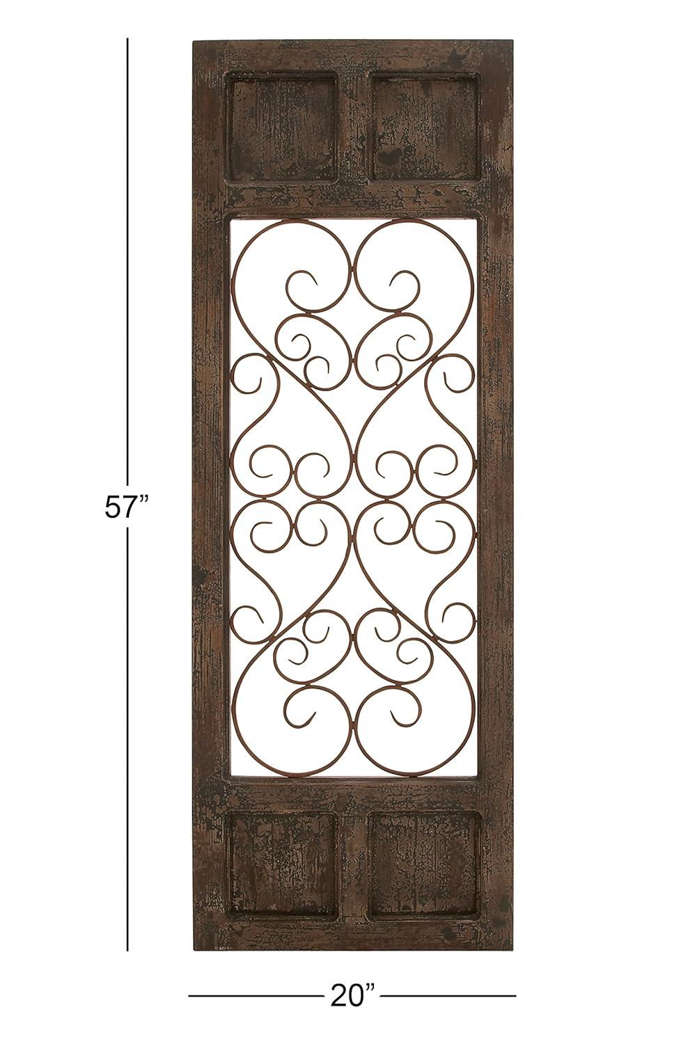 Olivia & May Traditional Wood Scroll Window Inspired Wall Decor with Metal Scrollwork Relief Brown: Vertical Iron Frame, Carved Art Object