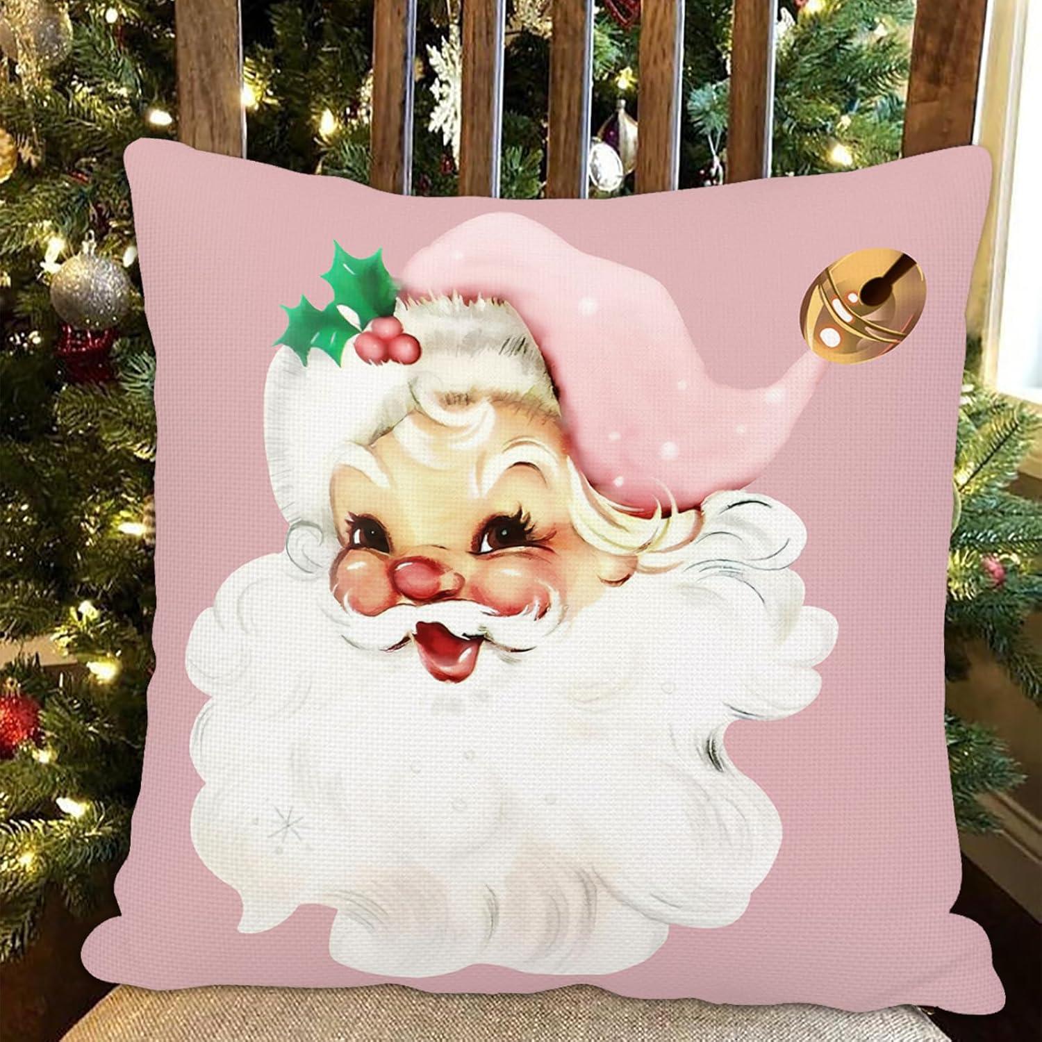 Vintage Santa Claus Christmas Pillow Cover 18x18 Inch, Pink Striped Retro Holiday Cushion for Winter Home Decor, Festive Throw Pillow for Living Room, Bedroom, Sofa Decoration(Pink)