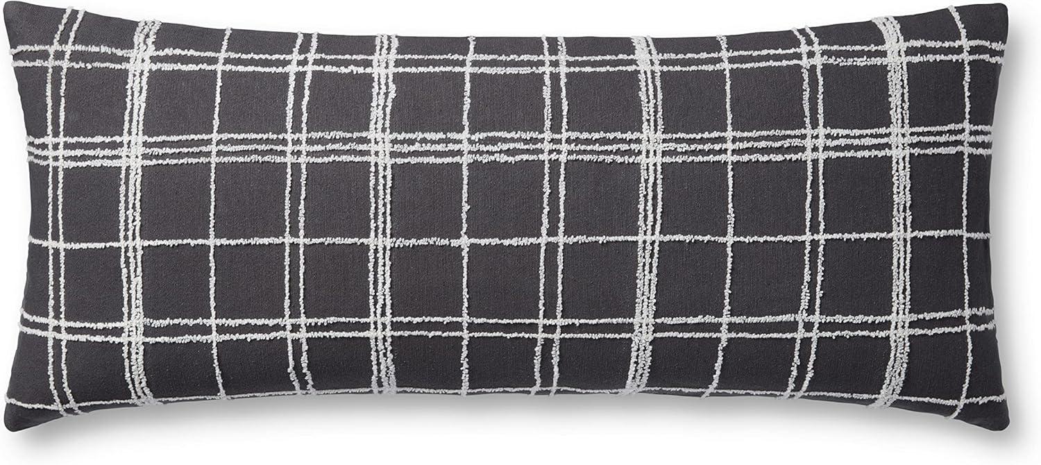 Graphite and Ivory Embroidered Cotton Lumbar Pillow