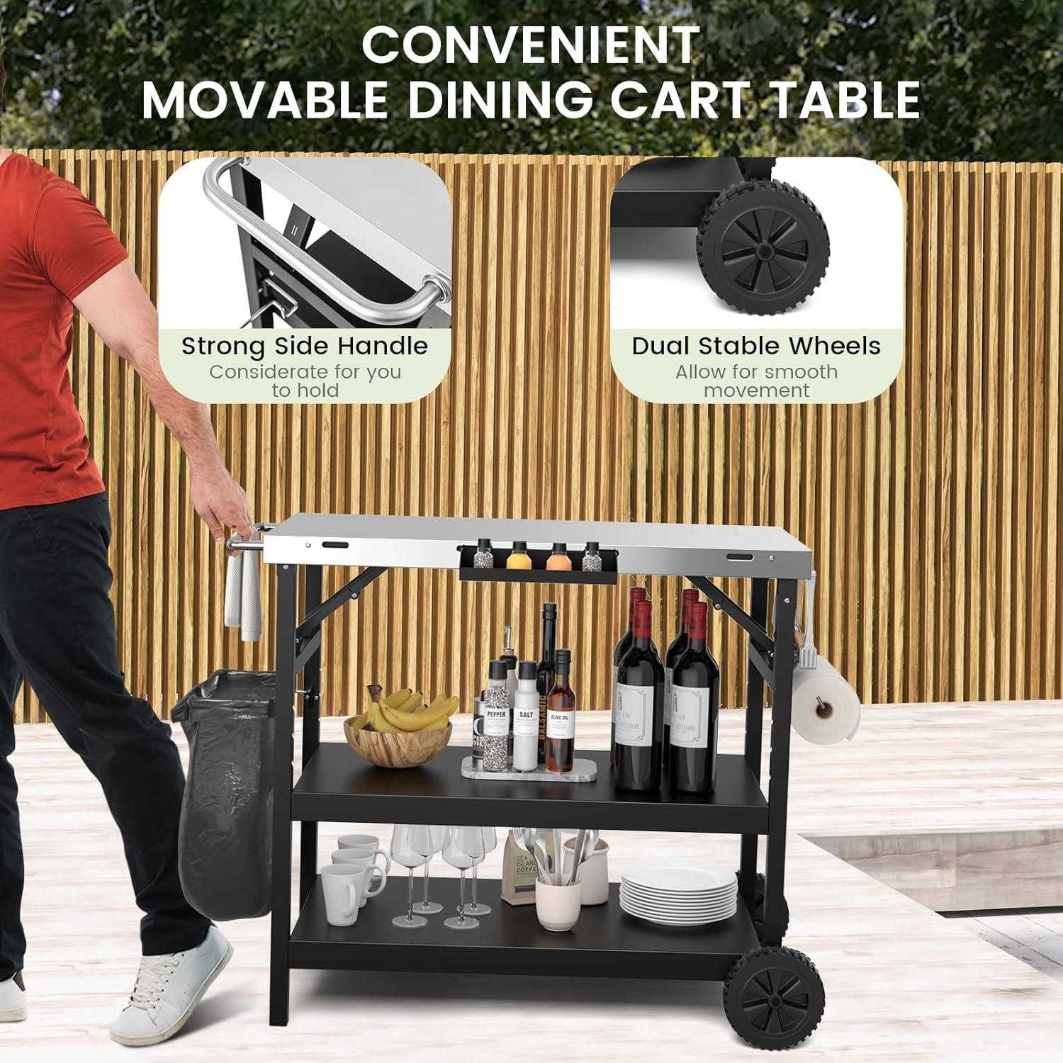 GOFLAME 3-Shelf Outdoor Grill Dining Cart, Movable Food Prep Cart Table with Adjustable Shelf, Stainless Steel Table Top, Kitchen Cart Island Table on 2 Wheels, Heavy Duty BBQ Flattop Worktable
