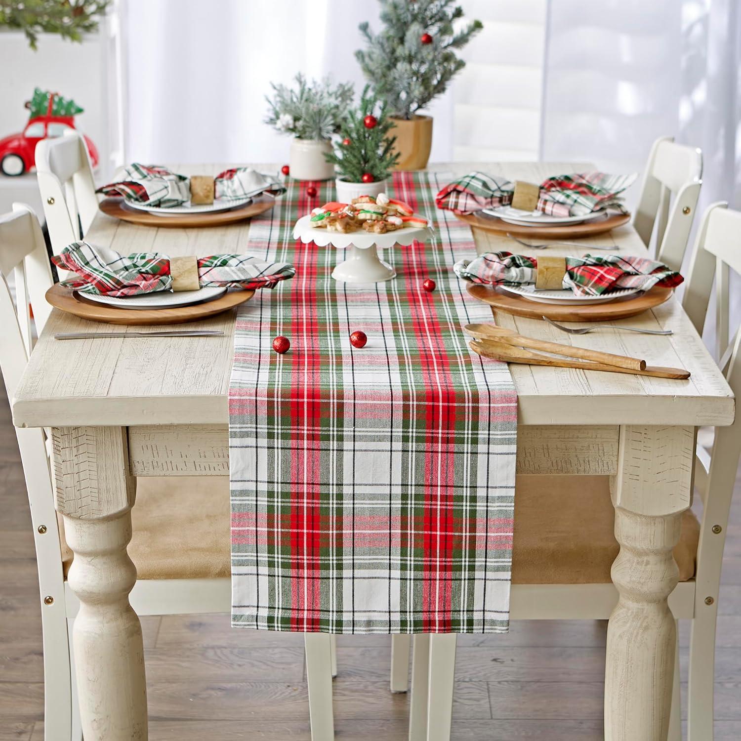 Christmas Plaid Cotton Table Runner, 14x108, Red Green White