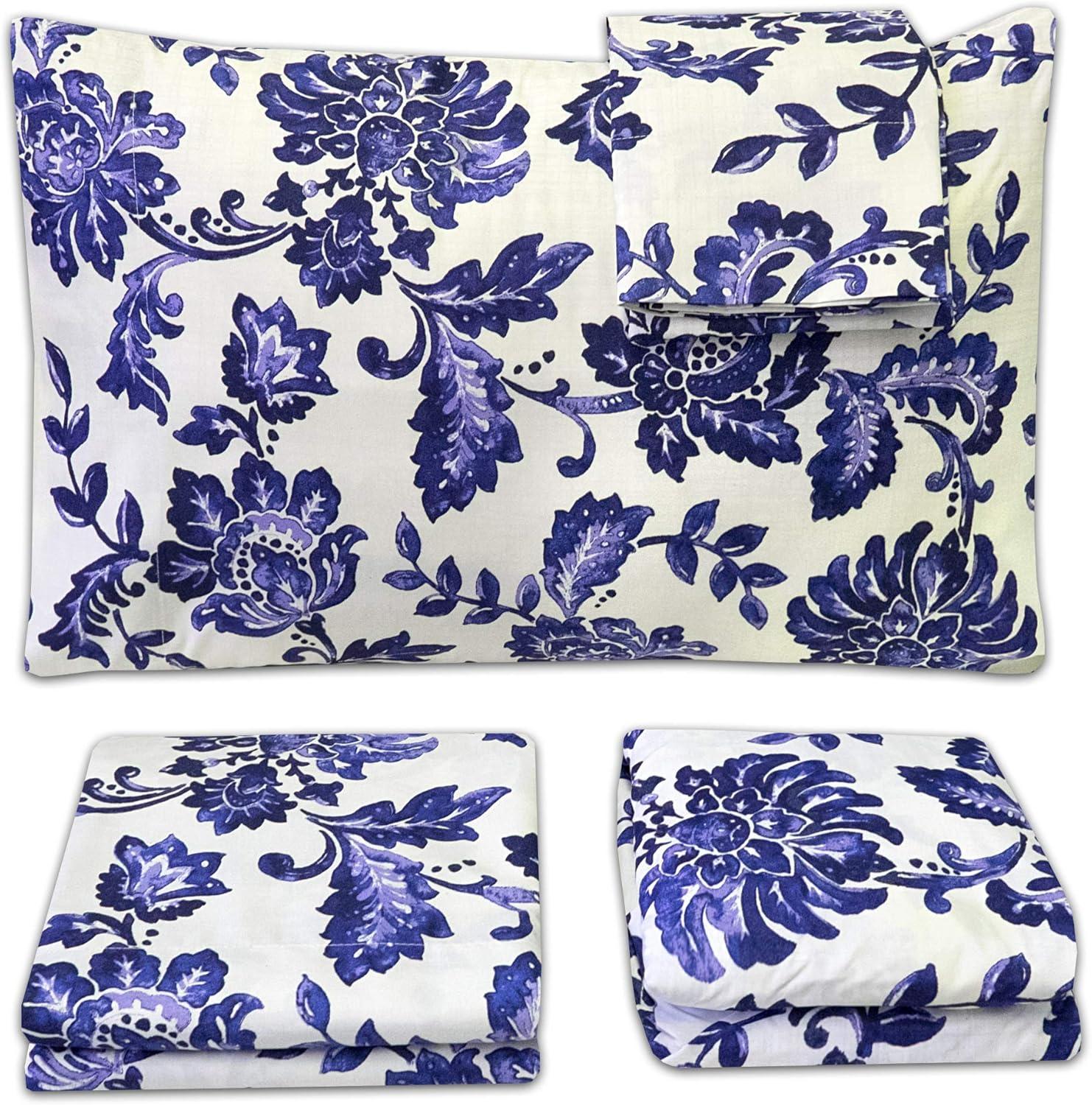 White and Navy Floral Microfiber Deep Pocket Sheet Set