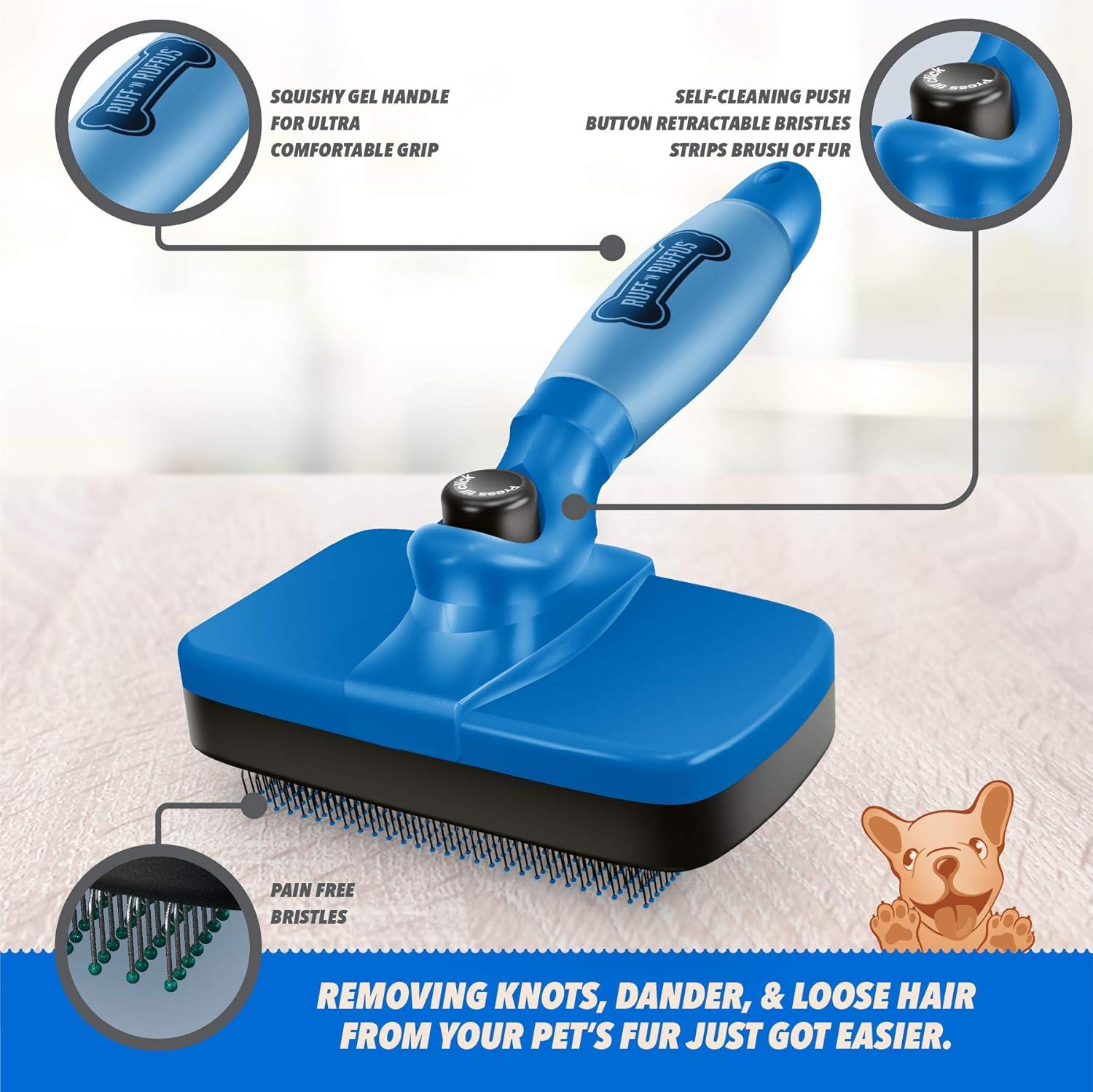 Blue Self-Cleaning Rubber Bristle Dog Comb with Metal Handle