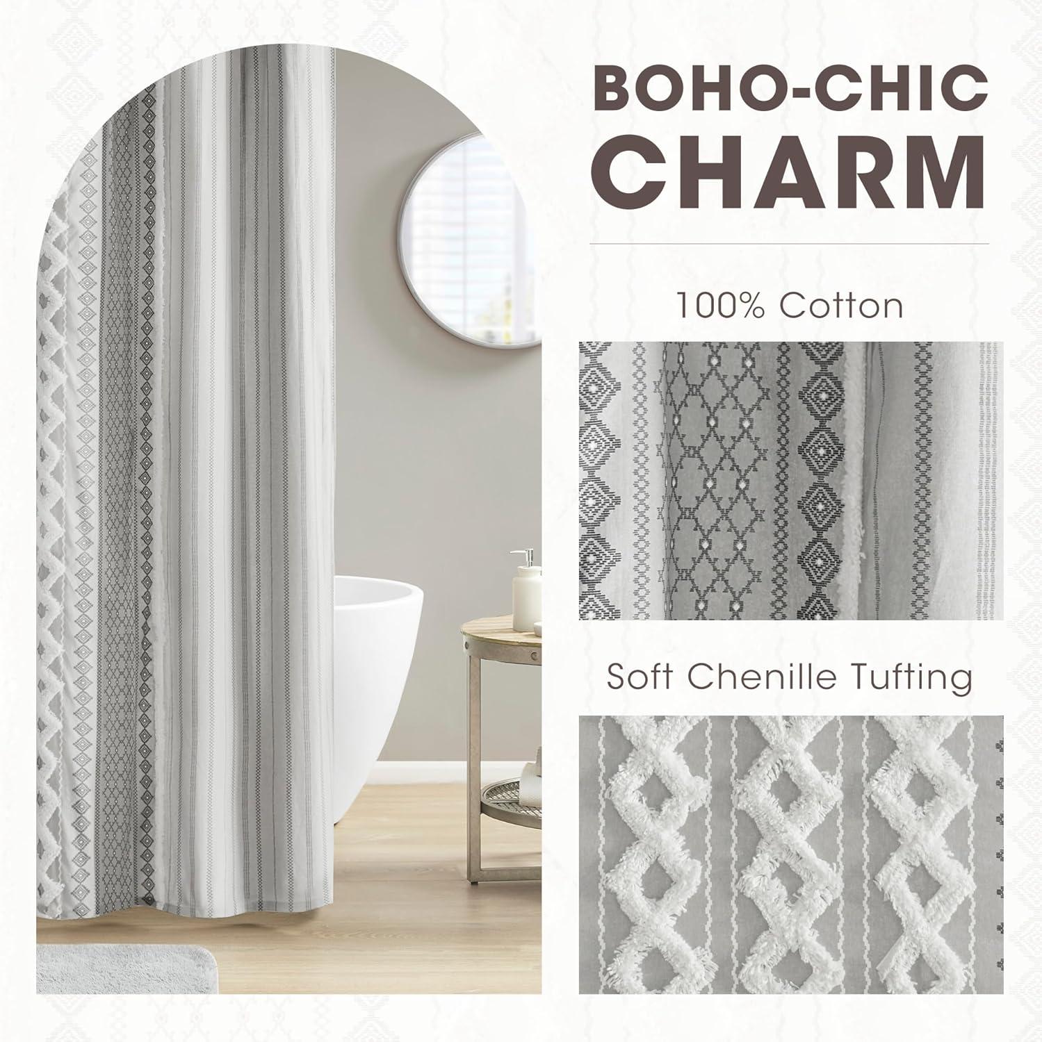 INK+IVY Imani 100% Cotton Printed Shower Curtain with Chenille