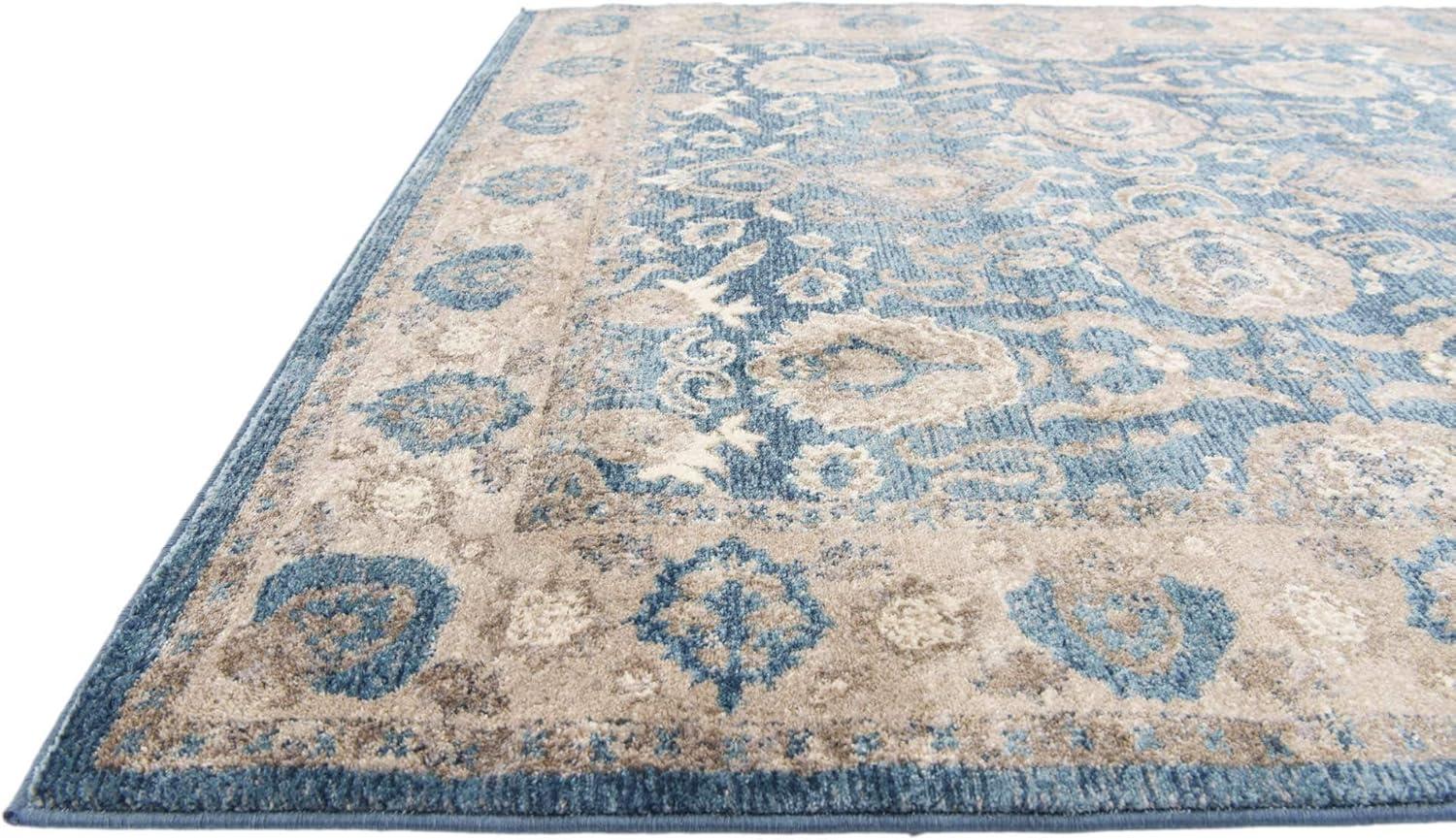 Light Blue Floral Synthetic Square Rug, 5' x 5'