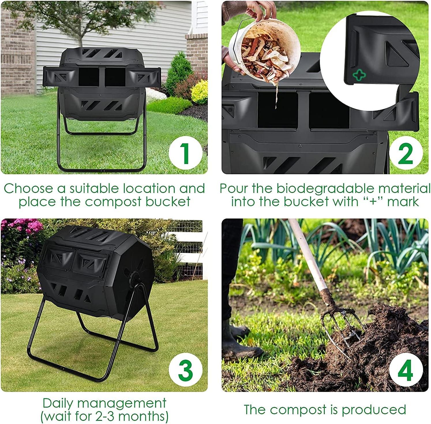HomGarden Composting Tumbler 43gal Composter Bin W/ Dual Chamber BPA Free Black