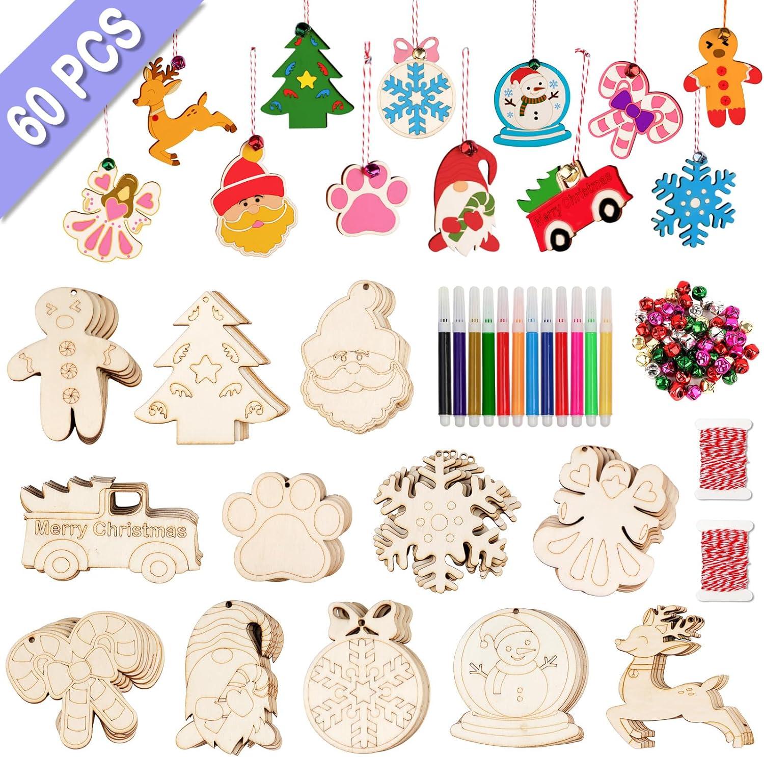 60-Piece DIY Wooden Christmas Ornaments Set with Bells and Markers