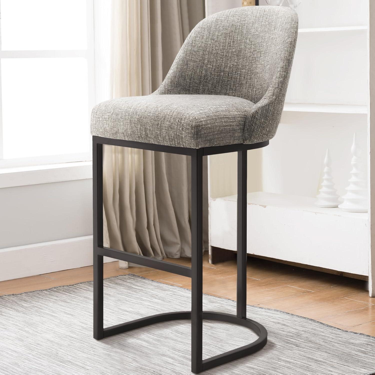 Leick Home Barrelback Bar Stool w/ Gray Linen Seat & Espresso Metal Base Set of 2