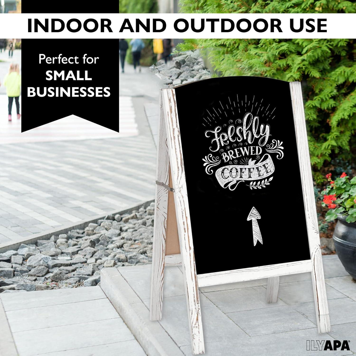 Ilyapa A-Frame Chalkboard Sidewalk Sign - Rounded Top Folding Standing Sandwich Sign for Restaurant, Office, Weddings - Rustic White, 18 x 31.5