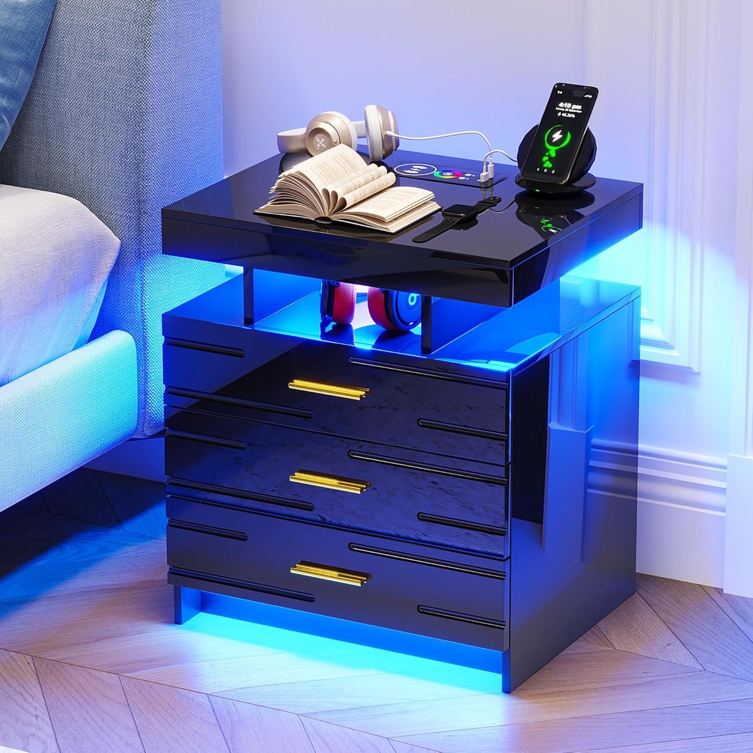 HNEBC Smart LED Nightstand with Wireless Charging & USB Ports, High Glossy Night Stand with 3 Drawers and 1 Pull-Out Tray, Modern Bedside Table with Human Sensor for Bedroom (White)