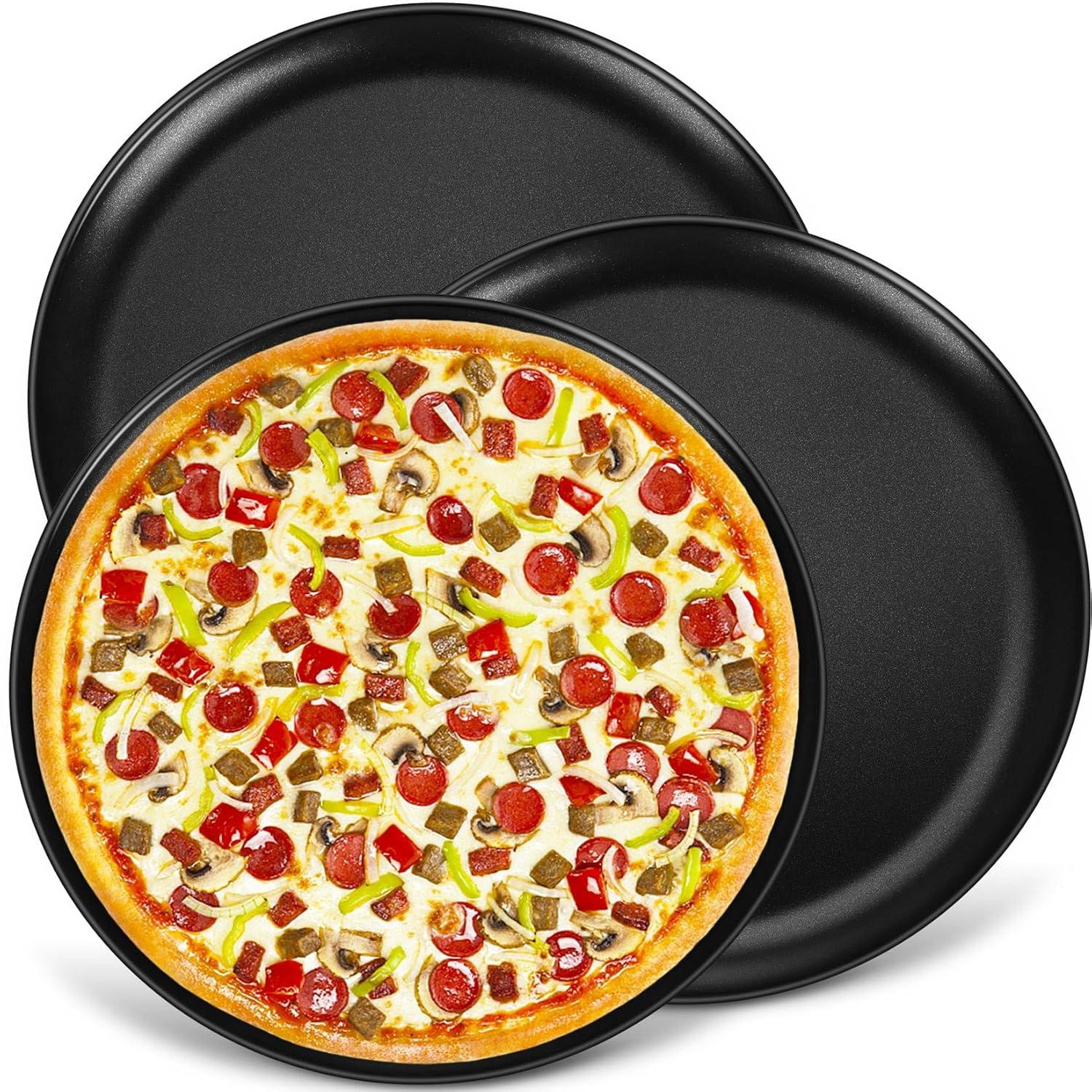 P&P CHEF 13.5 Inch Pizza Pan, 3 Pieces Stainless Steel Round Pizza Tray Dish Plate For Oven Baking Roasting, Healthy & Heavy Duty, Rust Free & Dishwasher Safe -Black