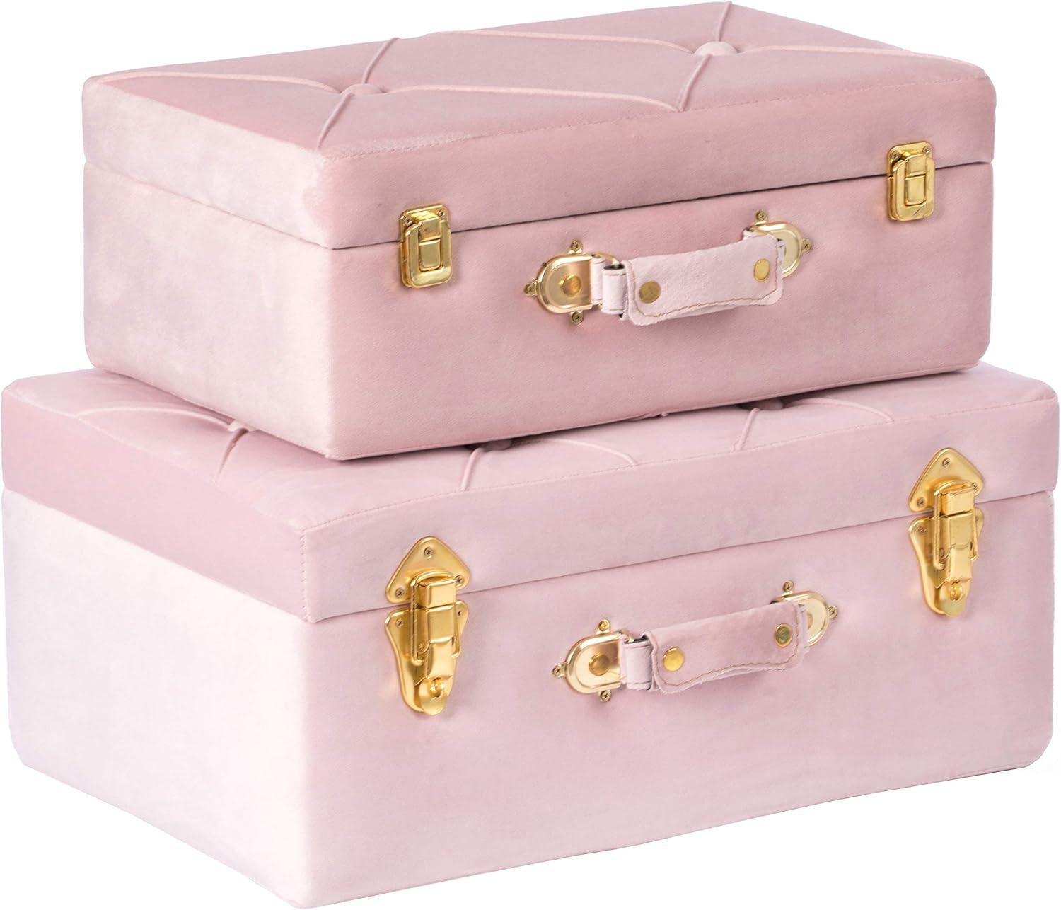 Vintiquewise Decorative Tufted Velvet Suitcase Treasure Chest Set of 2, Pink