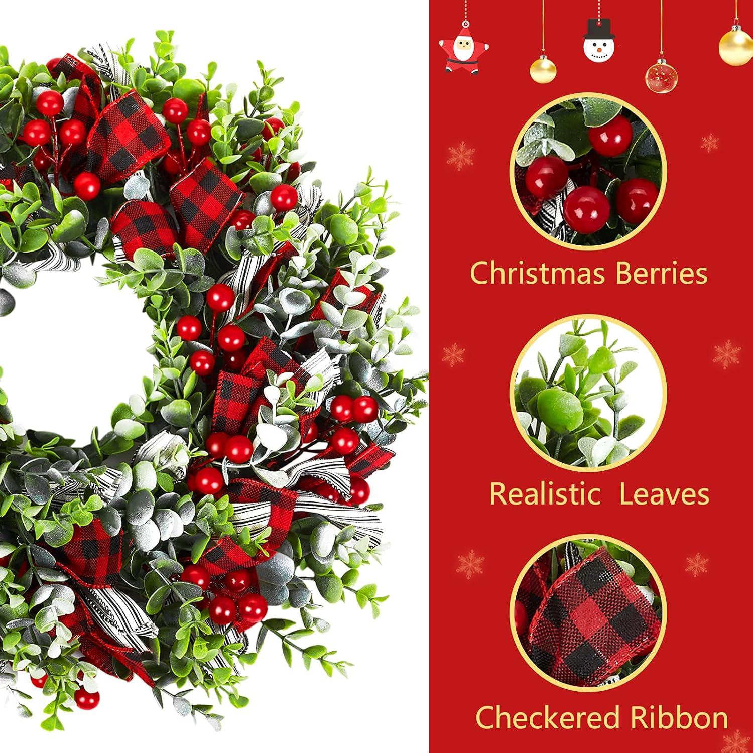 Christmas Wreath, Front Door Decoration Wreath Winter Garland Artificial Wreath for House Party Outdoor Indoor Red Black Plaid Wreath-18 Inch