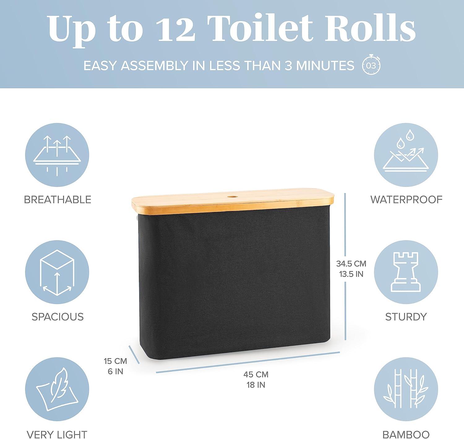 LONBET Toilet Paper Storage for 12 Rolls, Stackable & Foldable - The Ultimate Bathroom Organizer - Waterproof Basket with Bamboo Lid - Elegant Toilet Paper Storage Holder, Black